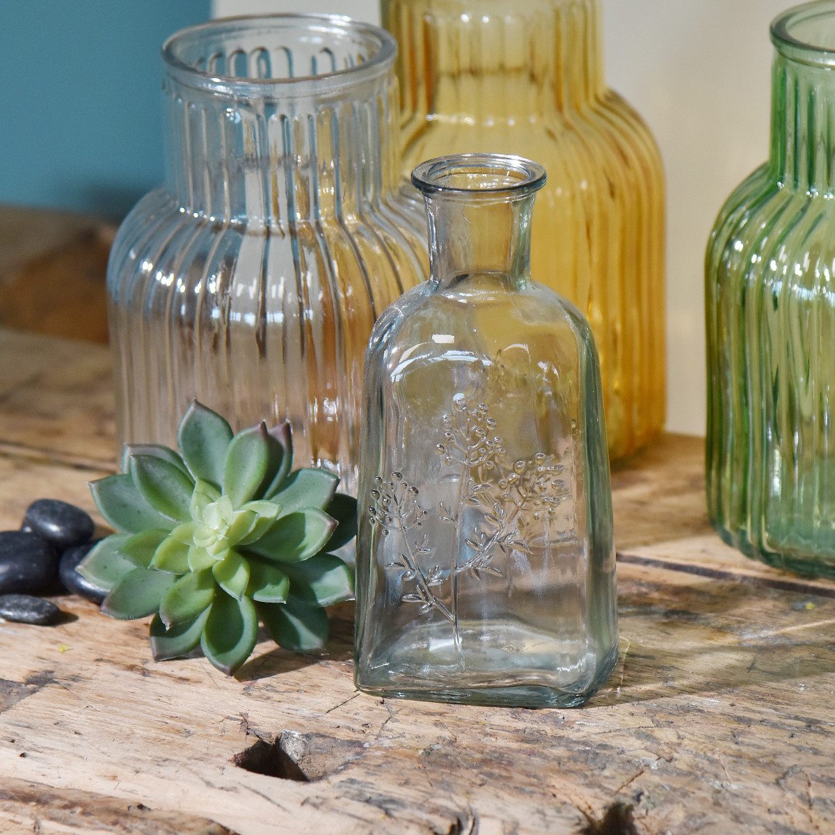 Tischvase Glasvase Flaschenvase Klar mit Beerenzweigmotiv 19cm 2er Set