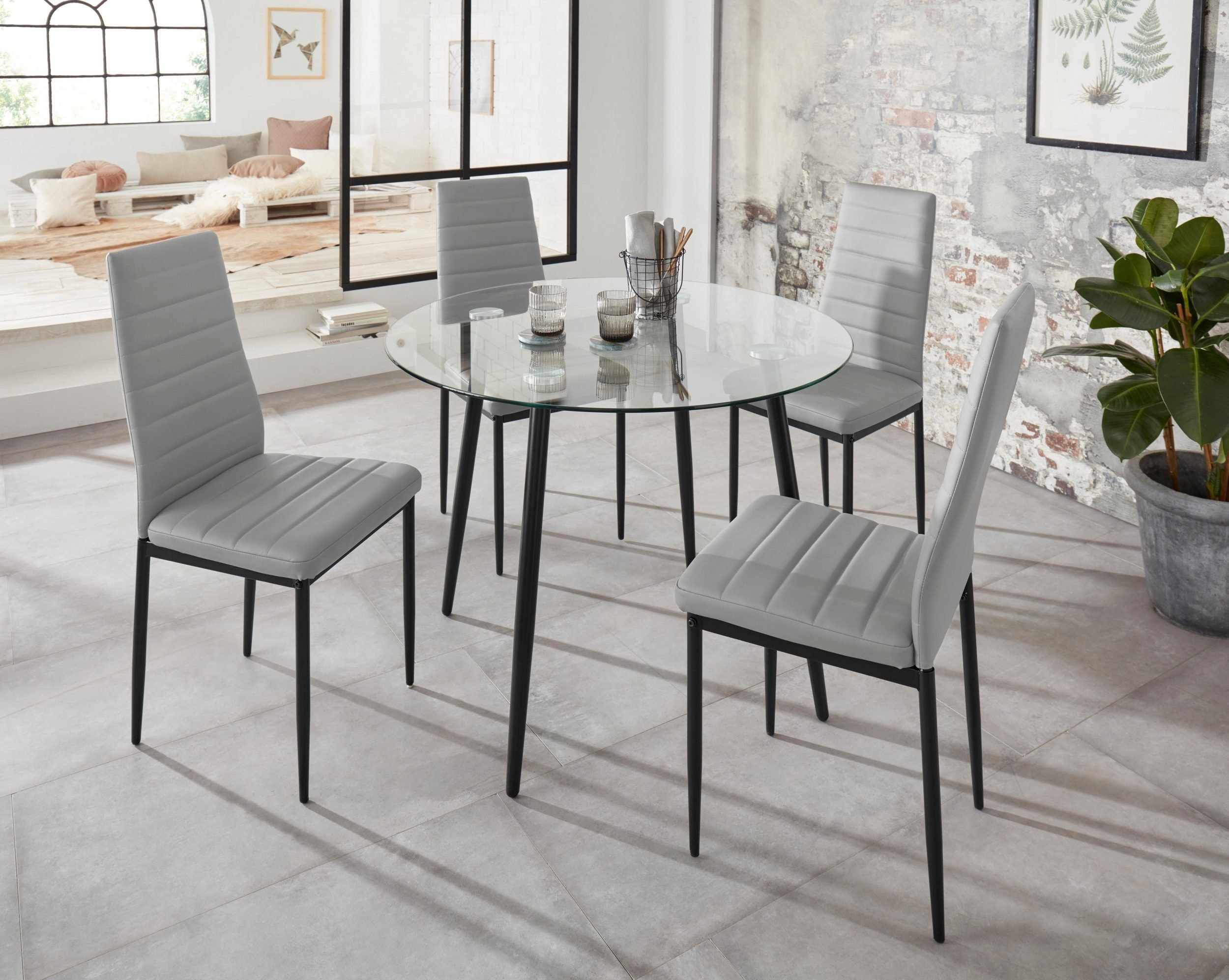 Bezug Ø100 grau Tisch), Kunstleder runder Essgruppe 4 Stühle, 1 aus loft24 (Set, Stühle mit 5-tlg., Darius, Glastisch 4 cm,