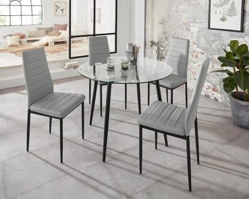 loft24 Essgruppe Darius, (Set, 5-tlg., 4 Stühle, 1 Tisch), runder Glastisch Ø100 cm, 4 Stühle mit Bezug aus Kunstleder