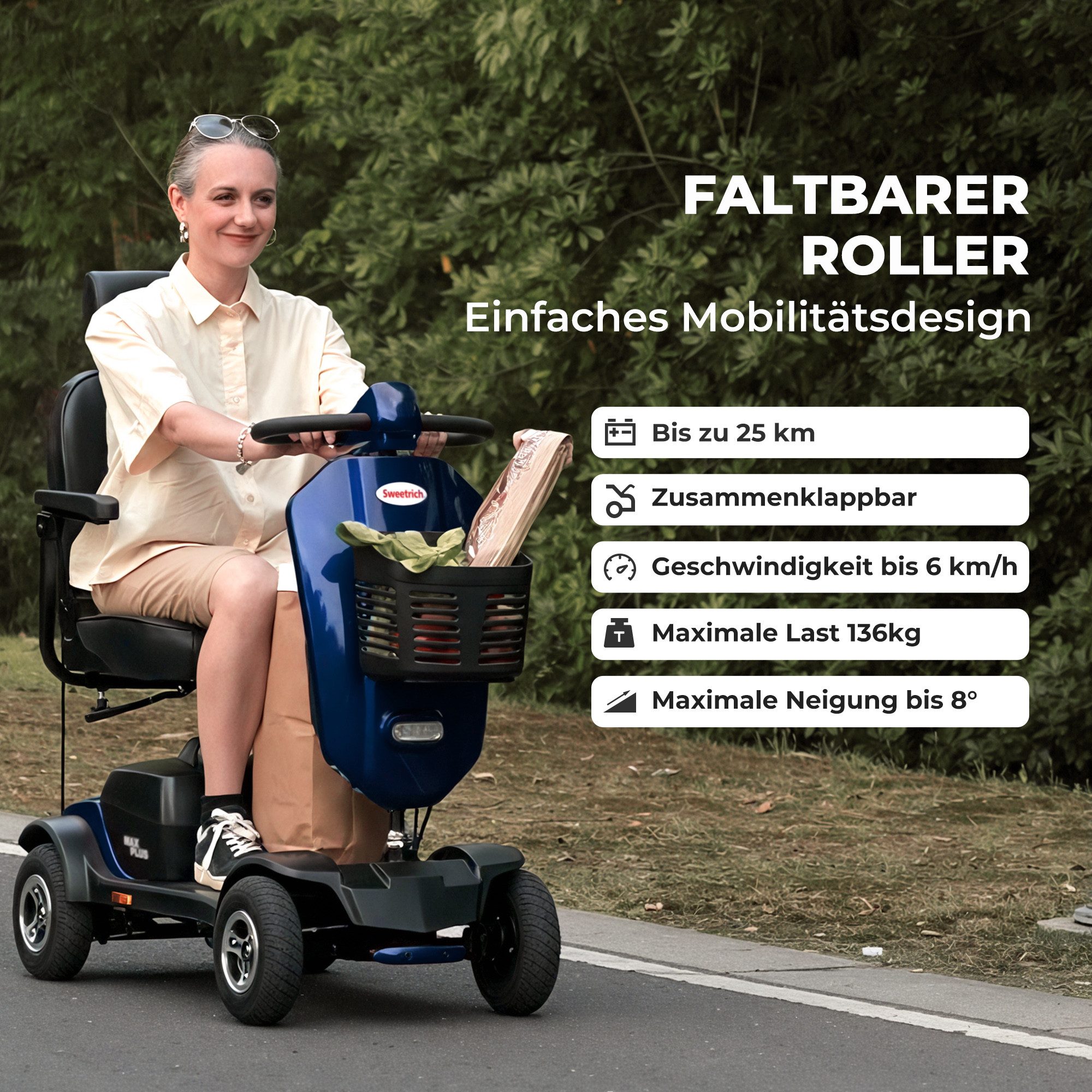 LVHOM Elektromobil 4-Rad-Scooter, faltbar, 30km Reichweite, 300W, 945MM, 136kg Tragkraft, 300 W, (360°-Drehsitz mit Kopfstütze, verstellbare Armlehnen, Integrie – Bild 2 von 5