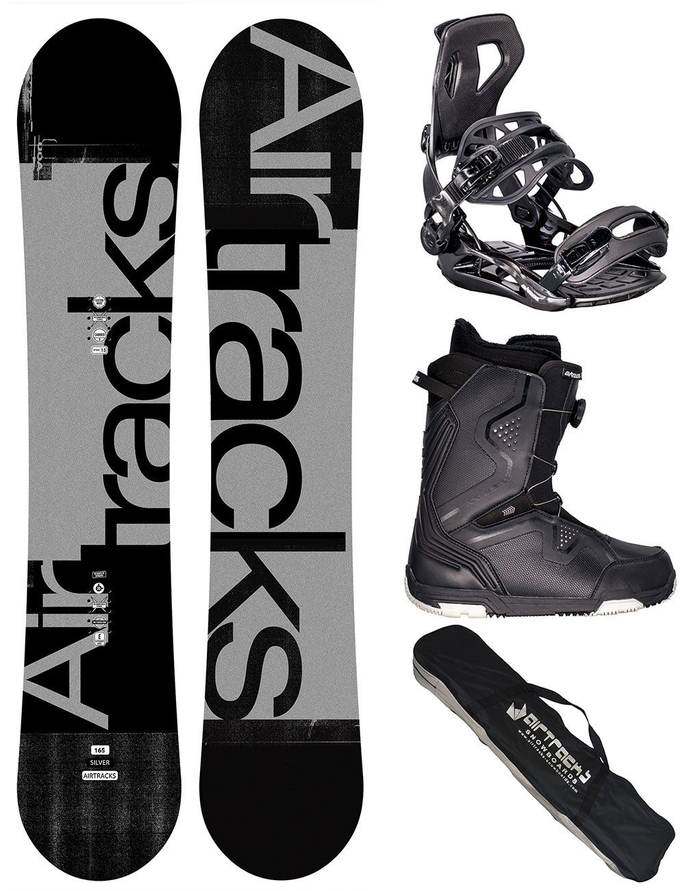 Airtracks Snowboard Komplett Set Herren Silver »Mod. 26/27 (Snowboardset Silver Camber Extra Wide+Bindung Master+Boots+Bag, 4 St., 4er Pack), Board + Bindung Master + Boots + Bag / 155 159 161 165 168 171 cm