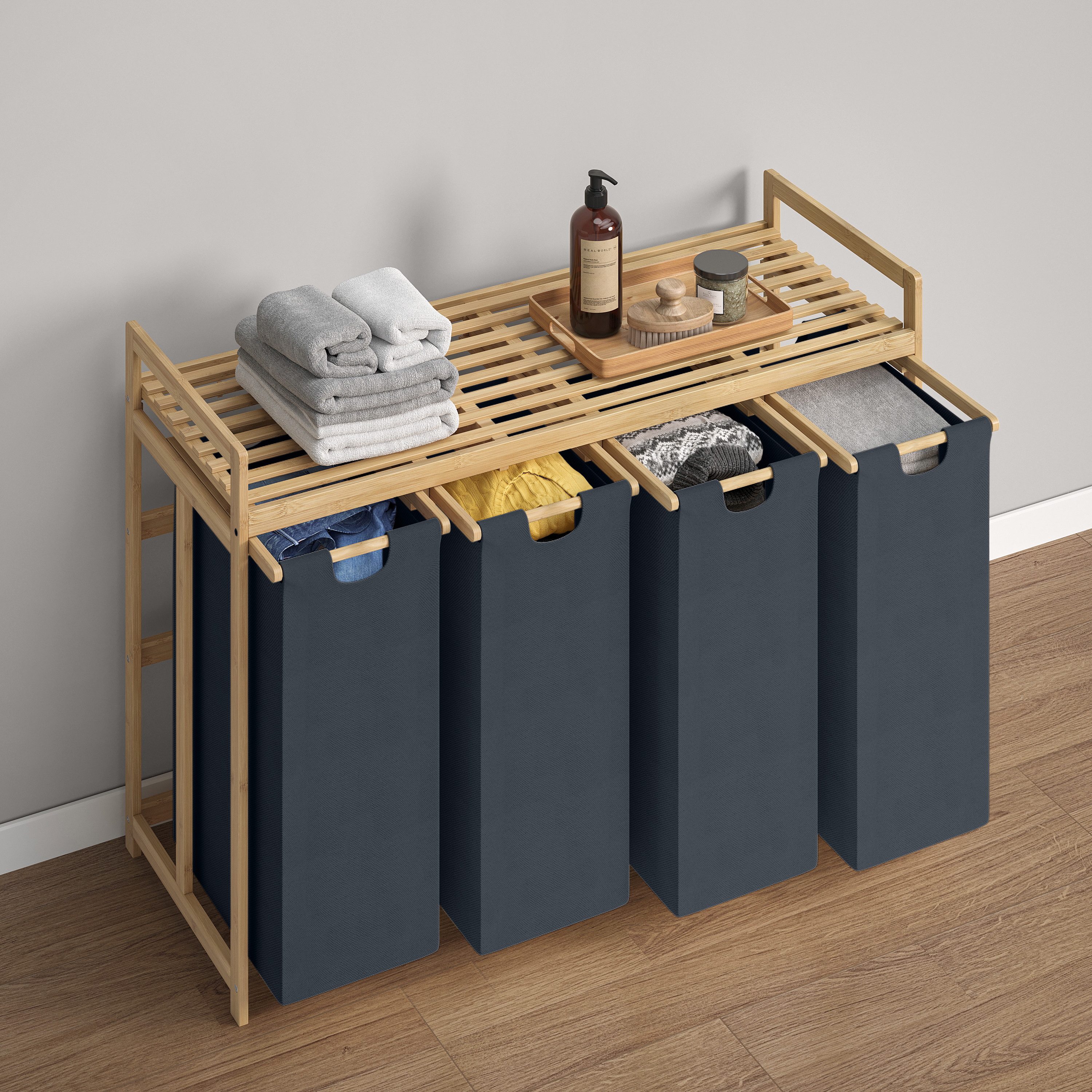 Bellamio Wäschekorb Newa aus Bambus (4 Fächer mit 1 Ablage, Dunkelgrau 200 günstig online kaufen