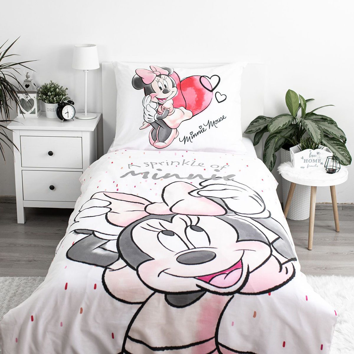 Disney Minnie Mouse Kinderbettwäsche Disney Minnie Maus Bettwäsche-Set Herzen 140x200cm Baumwolle, Renforcé, 2 teilig