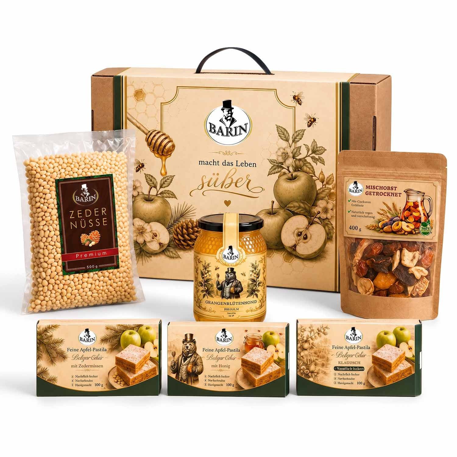 BARIN Süßigkeit Feinkostbox mit Honig, Pastila & Zedernüssen, 1 x 1940 g, 6 St. (Geschenkset, Honig -3x Pastila -Zedernüsse & Trockenobst im Koffer), Edle Box im Kofferdesign mit Griff