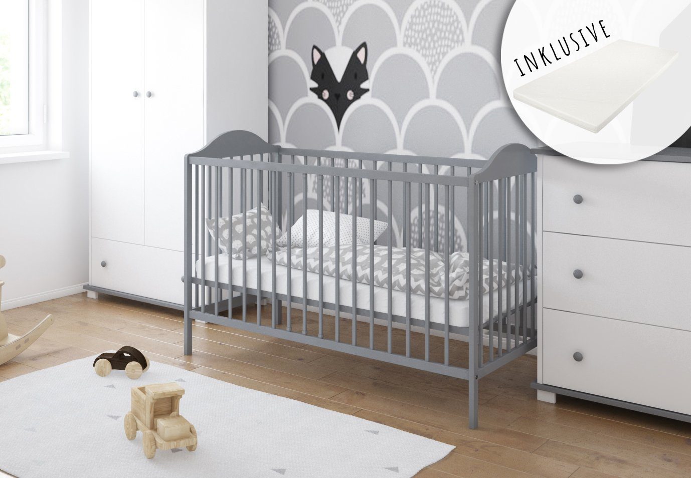 Babybett Gitterbett 60x120 höhenverstellbar, herausnehmbare Sprossen