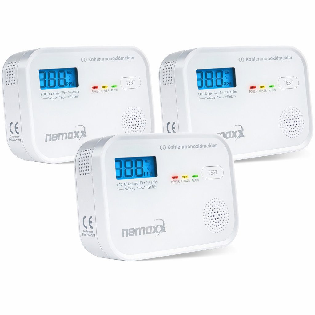 NEMAXX CM18 Kohlenmonoxid-Melder LCD 85 dB Alarm EN 50291-1:2018 Testtaste 3x CO-Melder (Elektrochemischer Sensor/3x AA LR6-Batterien/10 Jahre Lebensdauer)