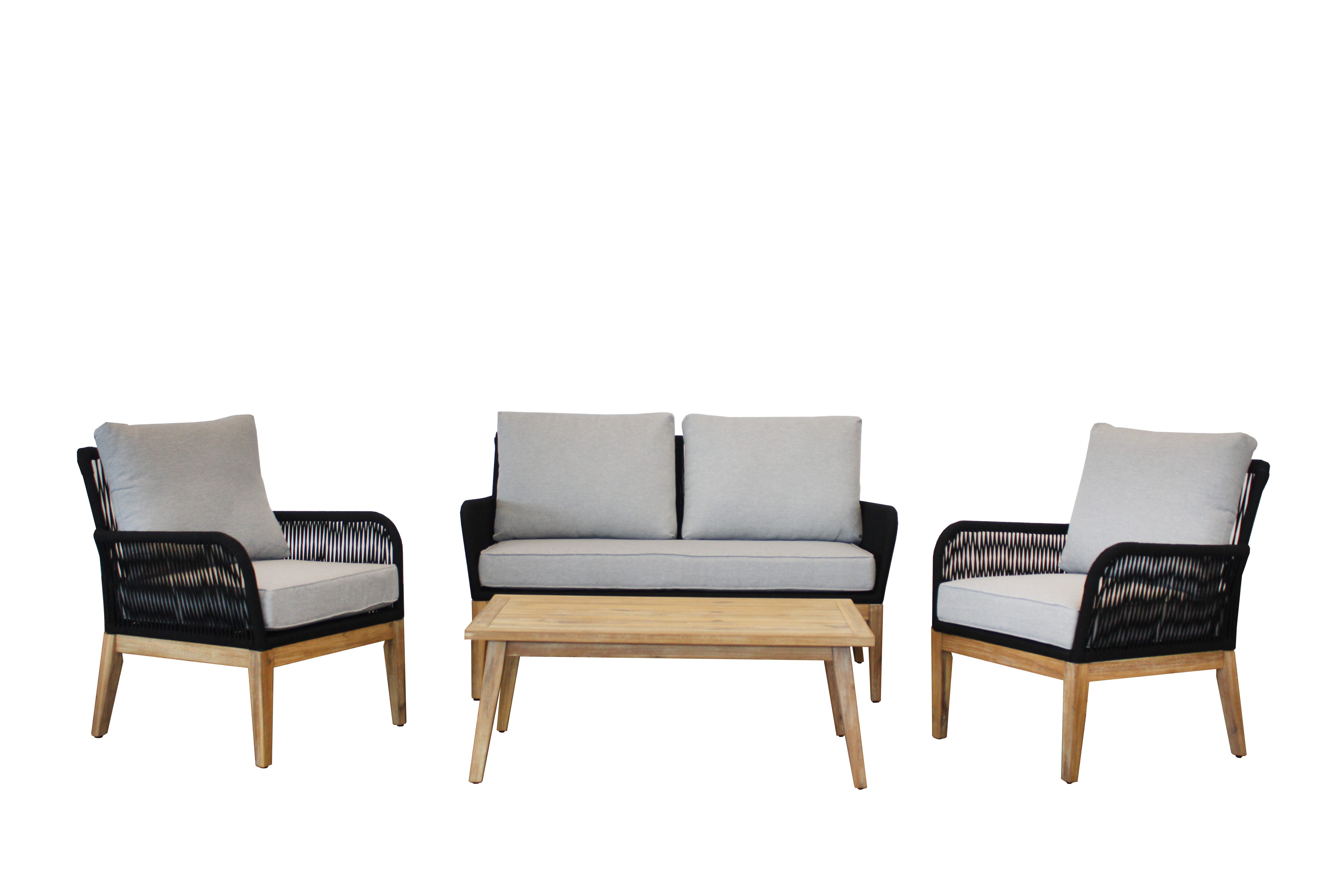 acamp Gartenlounge-Set Akazienholz Gartenmöbel Sitzgruppe Gartensofa Holz, Garten Terrasse, (Set, 4-tlg., 1 Bank, 2 Sessel, 1 Tisch), inkl. Kissen, umflochten, teakfarben, modern, pflegeleicht