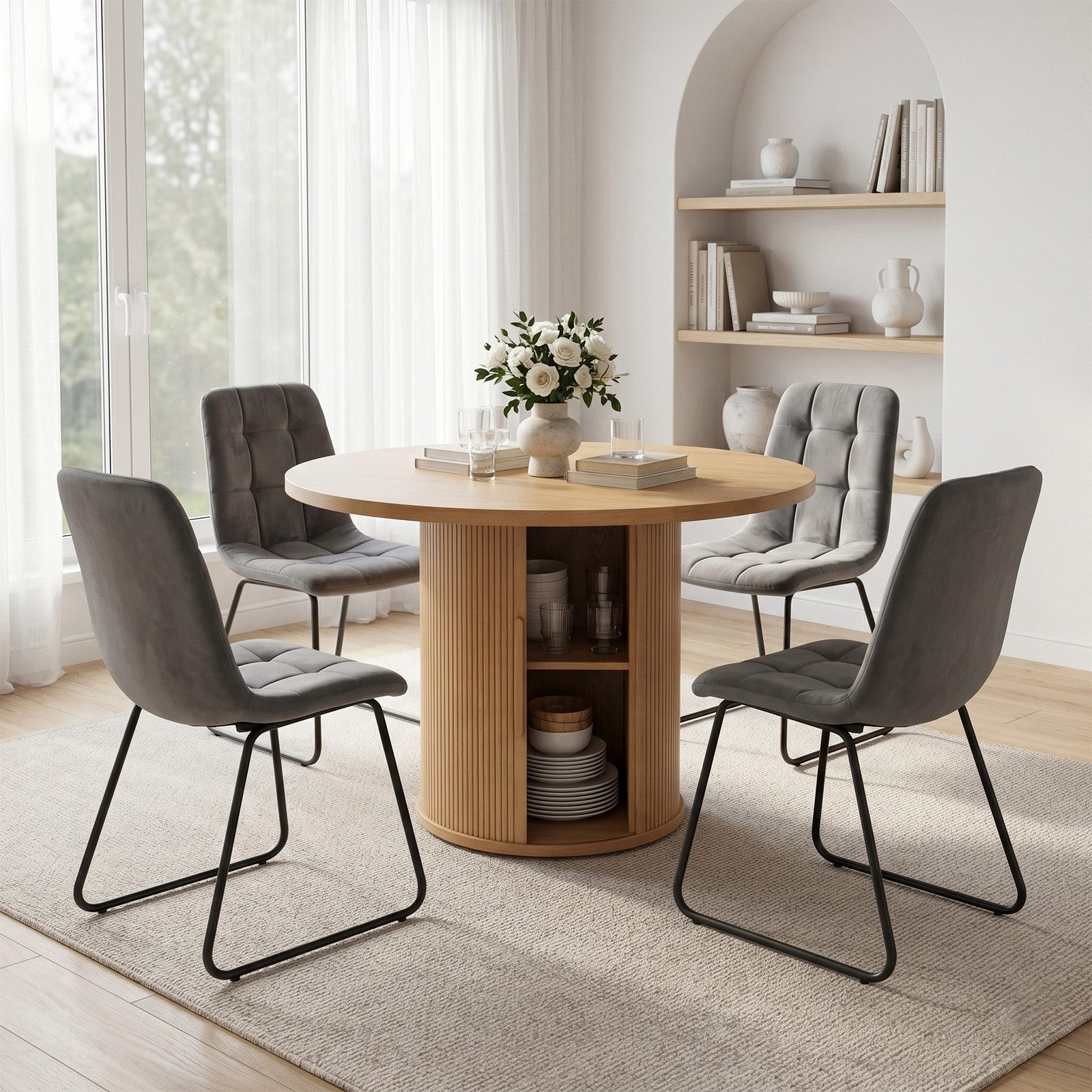 Jiexi Essgruppe Essgruppe rund Ø110cm MDF Eiche mit Stauraum & Flanell Stühlen