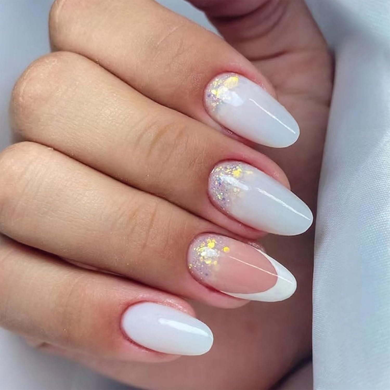 LuxusKollektion Kunstfingernägel Falsche Nägel 24 Stück Medium Almond Nagelkleber Glitzer Weiß Pink
