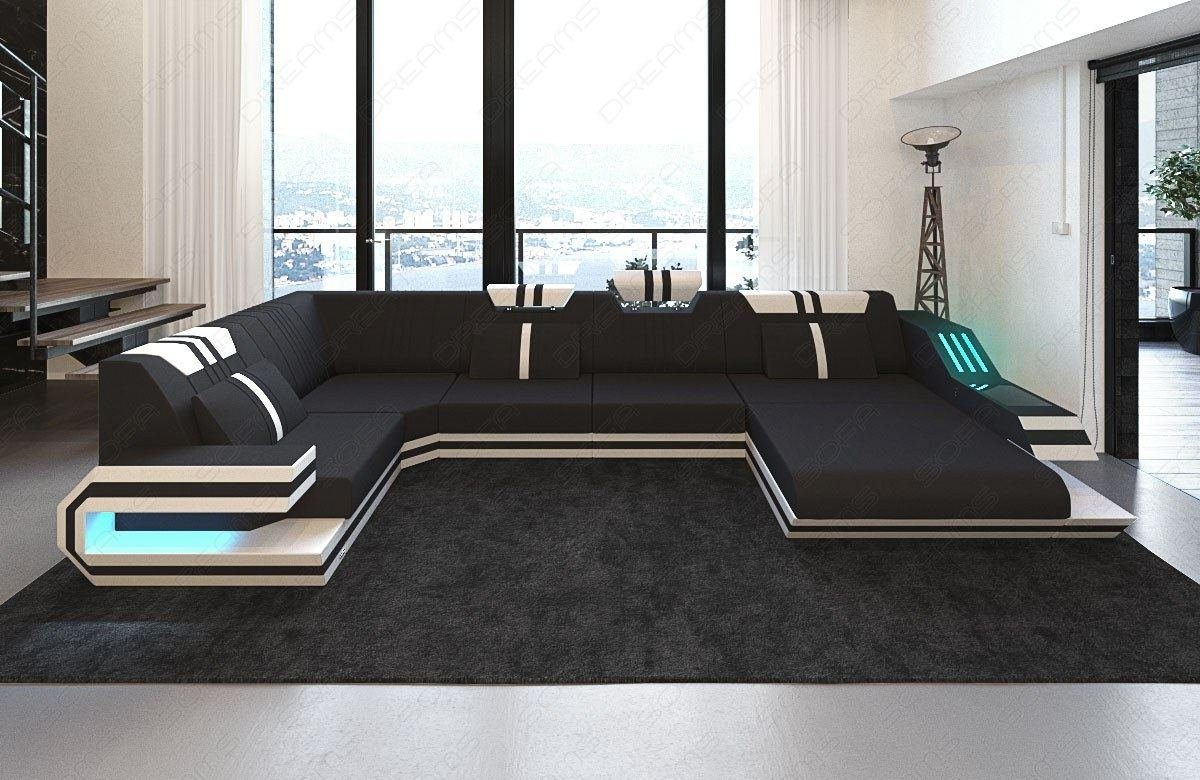 Stoffsofa, Wohnlandschaft Sofa Mikrofaser Couch Dreams Bettfunktion Sofa M Form U Polstersofa Ravenna mit schwarz-weiß Stoff wahlweise