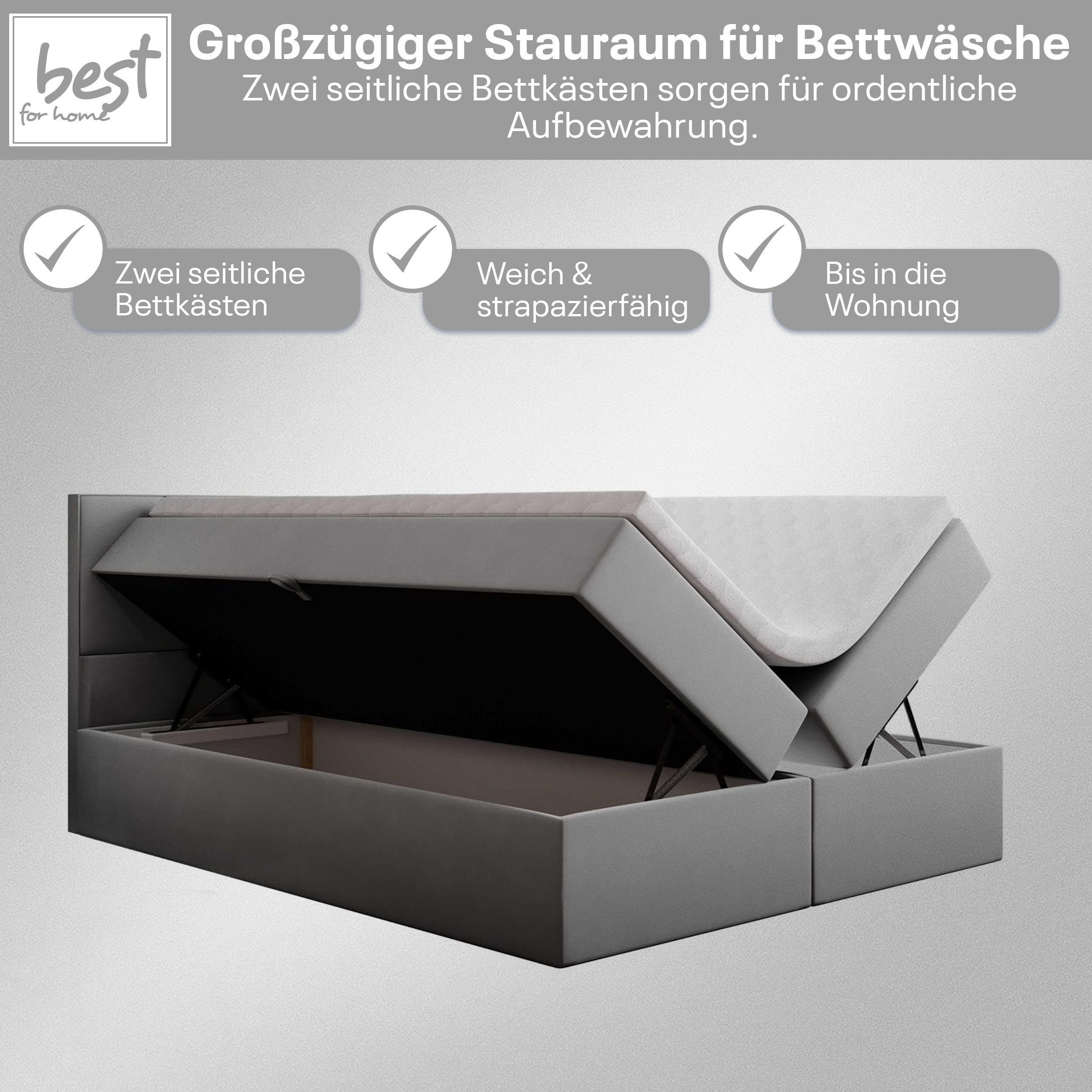 Best for Home Boxspringbett Boxspring bett mit Bonellfederkern&Komfort-Topper und Stauraum (1-teilig, 4-St., 140x200 160x200 180x200 200x200), Handwerksqualität, TOP Preis-Leistungs-Verhältnis