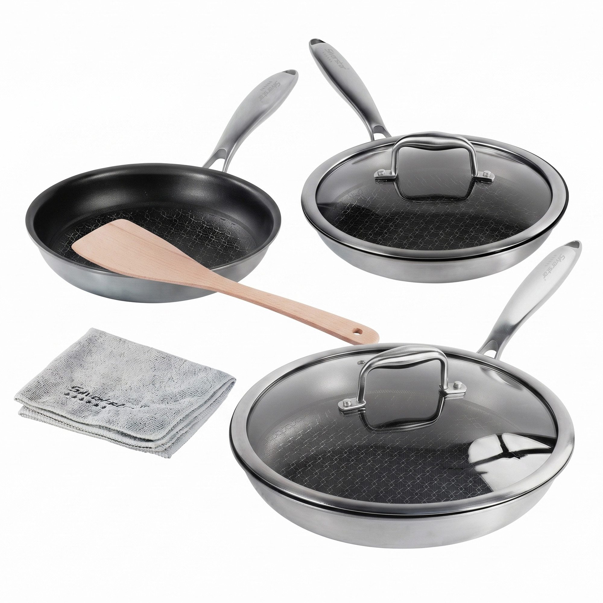 STONELINE Pfannen-Set Silverstar® 7-tlg. Edelstahl 20/24/28 cm mit Deckeln, Aluminium, Edelstahl (5-tlg), Edelstahl, für scharfes Anbraten