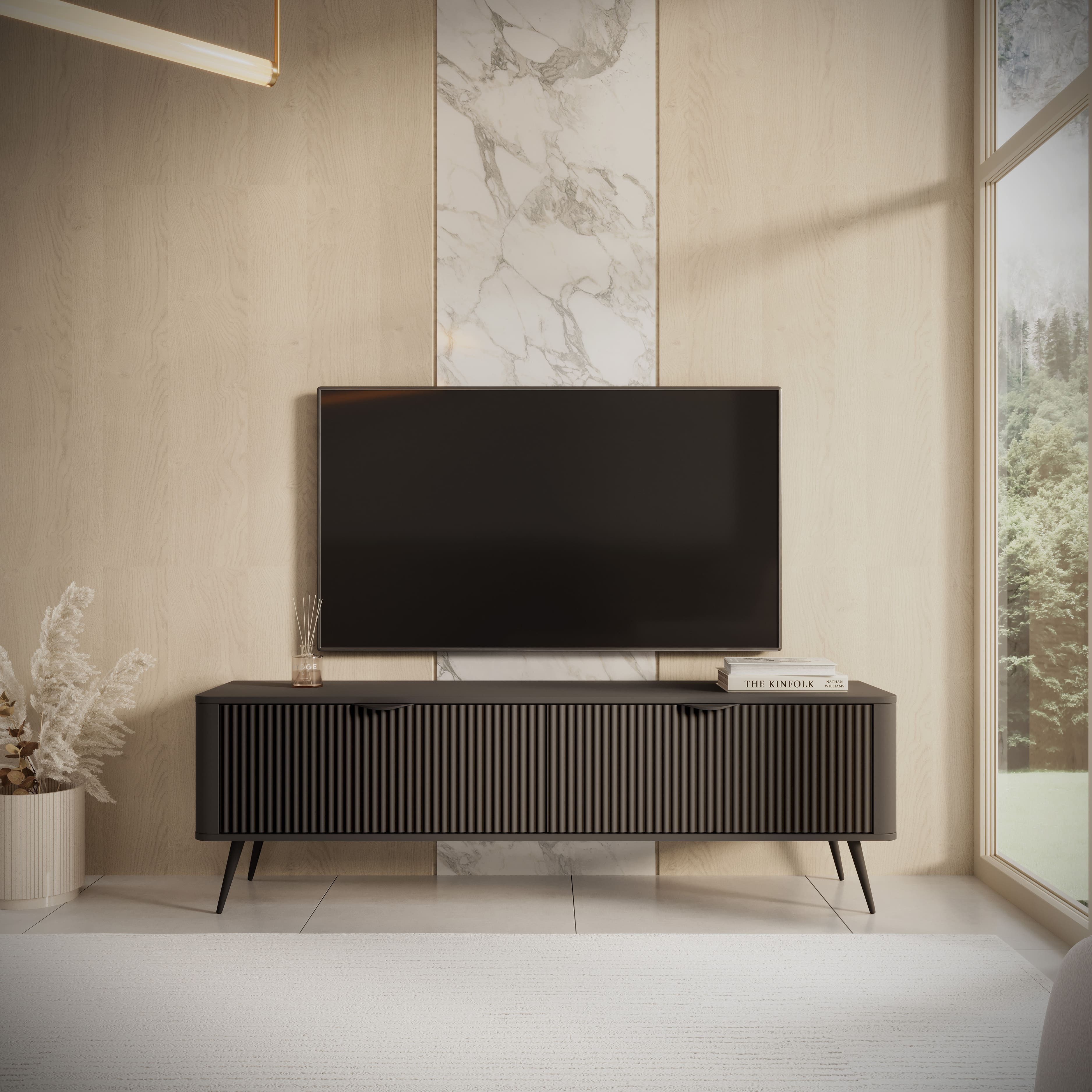 MOEBLO TV-Board RTV Pholx F 163 2D (Griffe und Beine aus Metall, geriffelte-Fronten, Lowboard Fernsehtisch TV Bank TV Tisch Fernseher Tisch TV Möbel), (BxHxT):163x51x38 cm