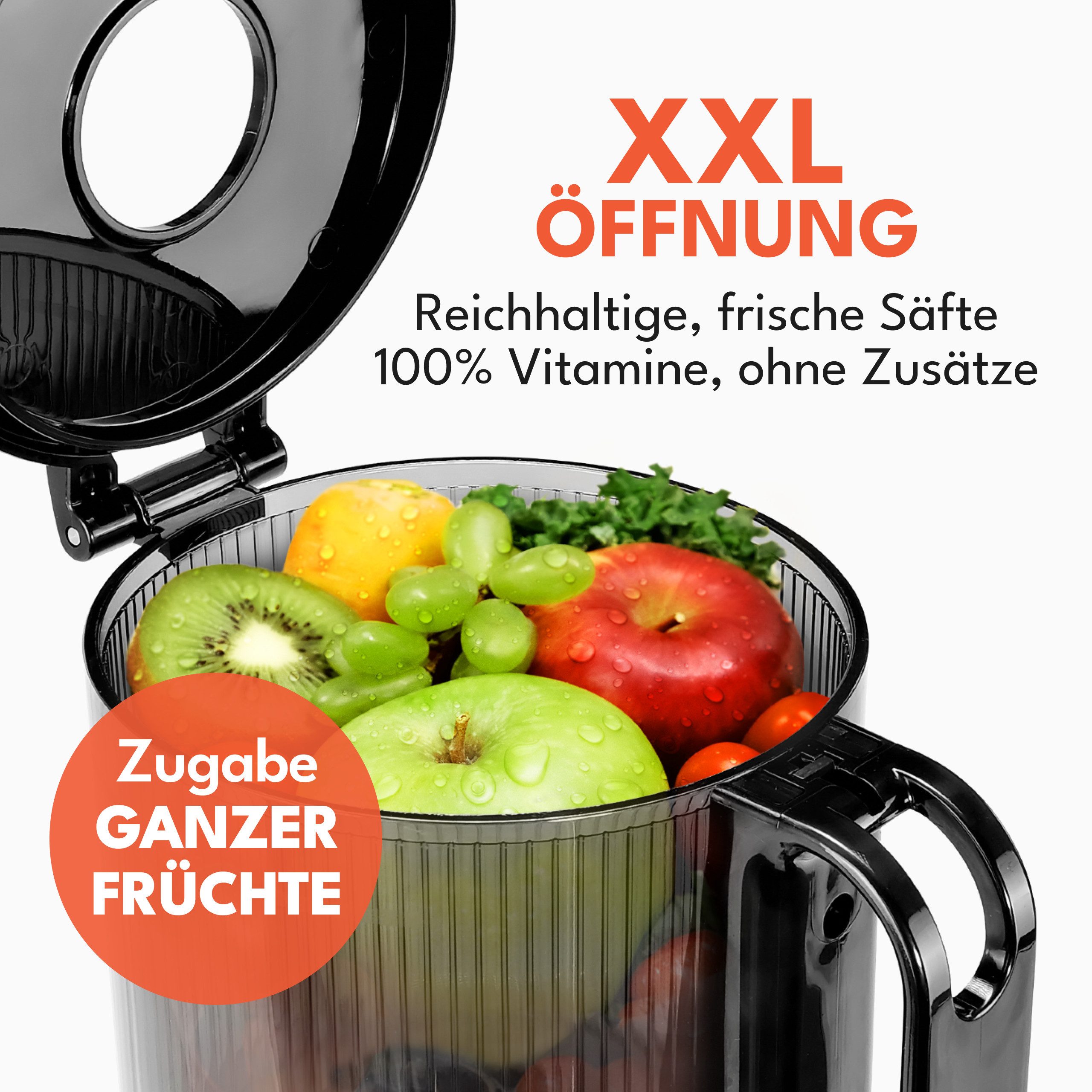 Lebenlang Slow Juicer Entsafter mit großer Öffnung, Für ganze Früchte und Gemüse, Rezepte, 250 W, BPA-Frei, Hohe Saftausbeute, Erhalt der Nährstoffe
