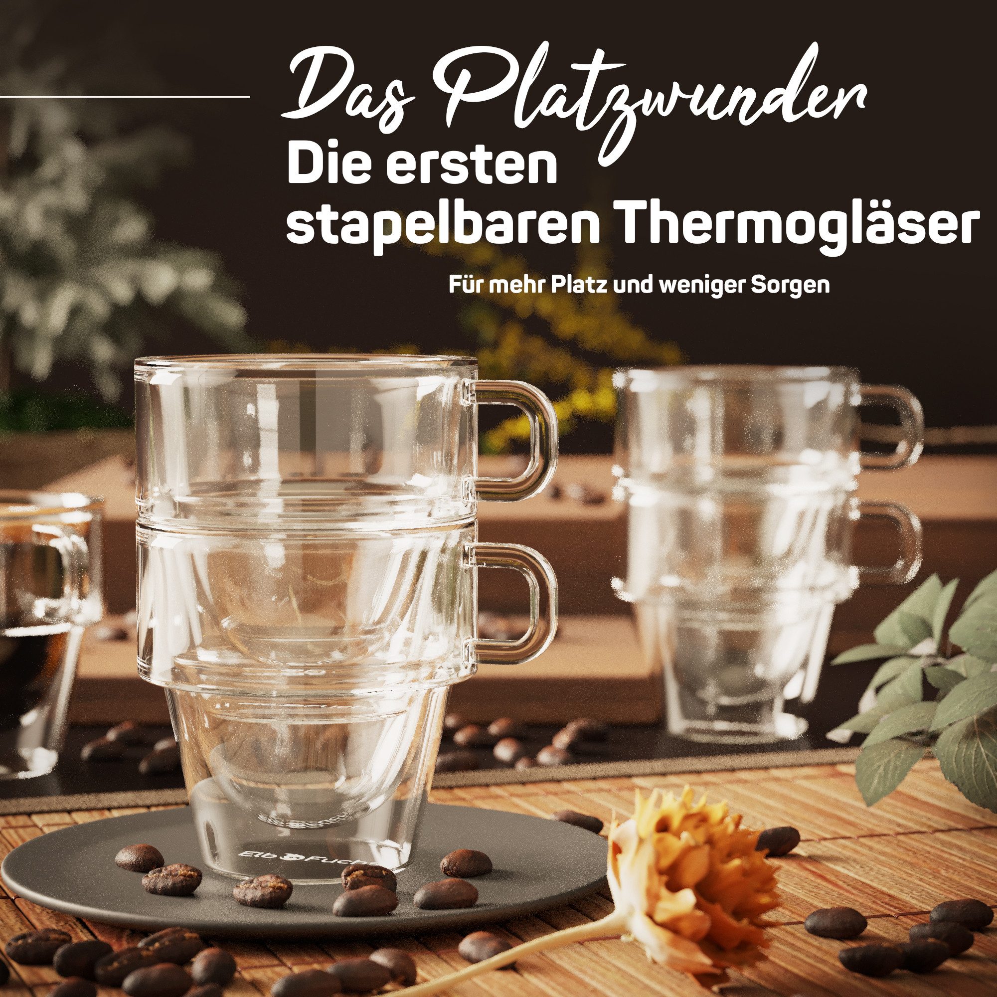 ElbFuchs Espressoglas Amsterdam, 150 ml, Borosilikatglas, 6-tlg., Doppelwandiger Thermoeffekt, mit Henkel, stapelbar