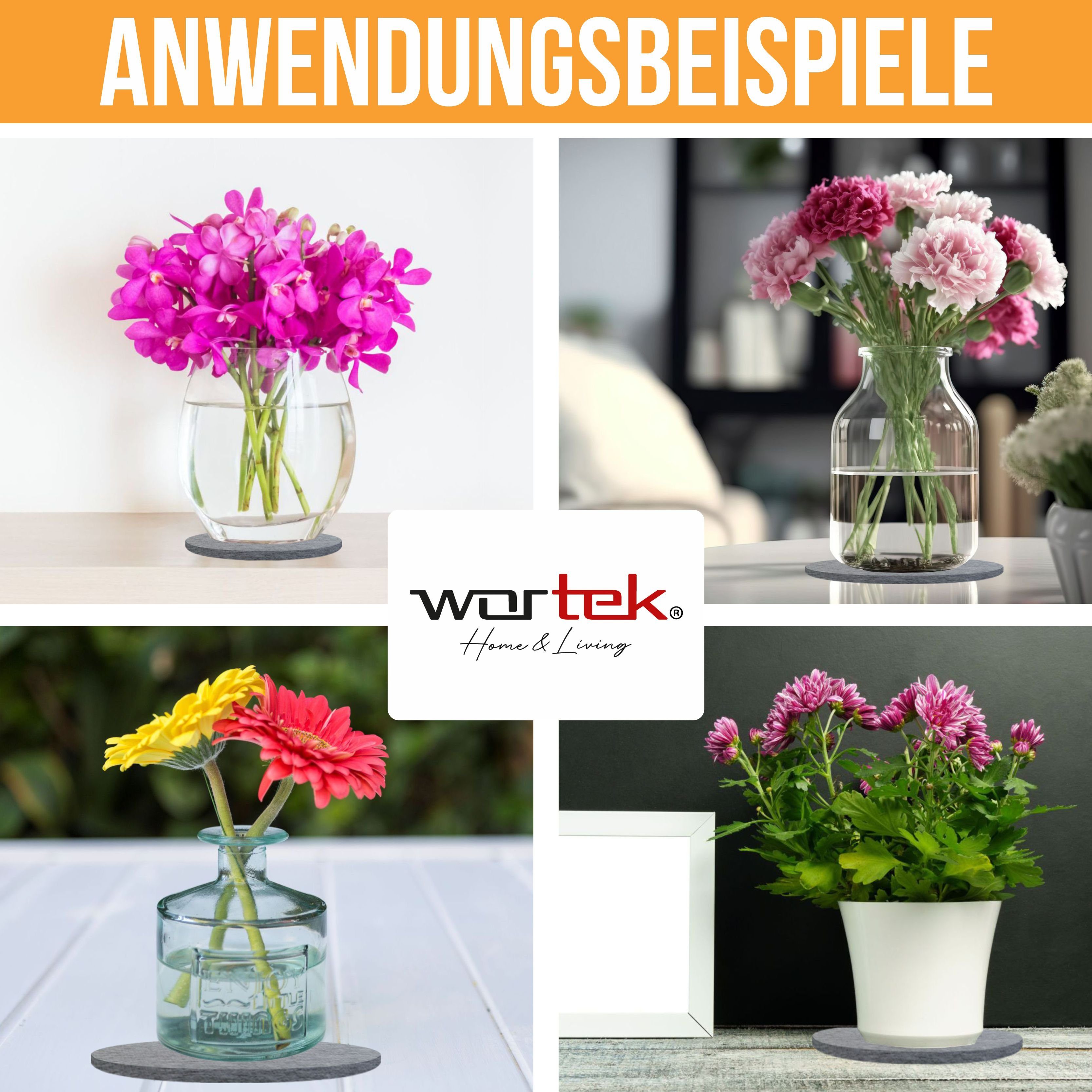 wortek Blumentopfuntersetzer Blumenuntersetzer Untersetzer rund für Vasen, Zubehör für Blumen oder Blumentöpfe & Co, Set, 6-tlg., Filz Unterlage Gläser Teller Blumentöpfe – waschbare Untersetzer