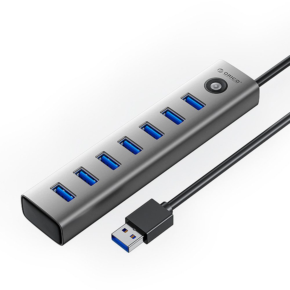 ORICO USB-Verteiler Datenhub Anschlusserweiterung HUB (7x USB-A 3.0, 5 Gbit/s, USB-C-Stromeingang, Aluminium)