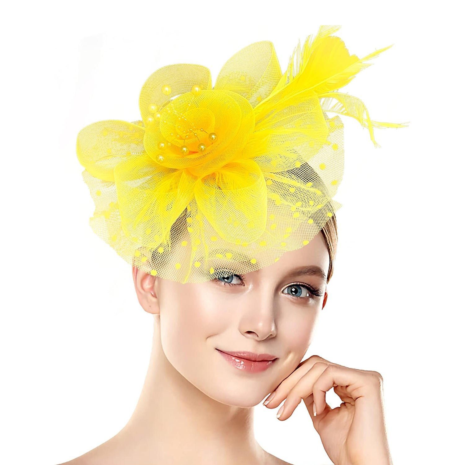 MAGICSHE Haarspange Halloween Kopfschmuck Charming Hut mit Federn, Karneval Cocktail Hut Hochzeit gelb