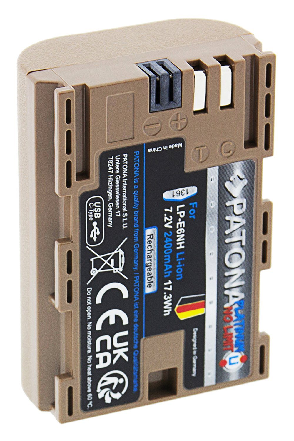 Patona Akku mit USB-C Eingang für die Canon EOS 90D 80D 70D 60D Kamera-Akku LP-E6NH 2400 mAh, Akku mit USB-C Ladebuchse (Kabel inkl)