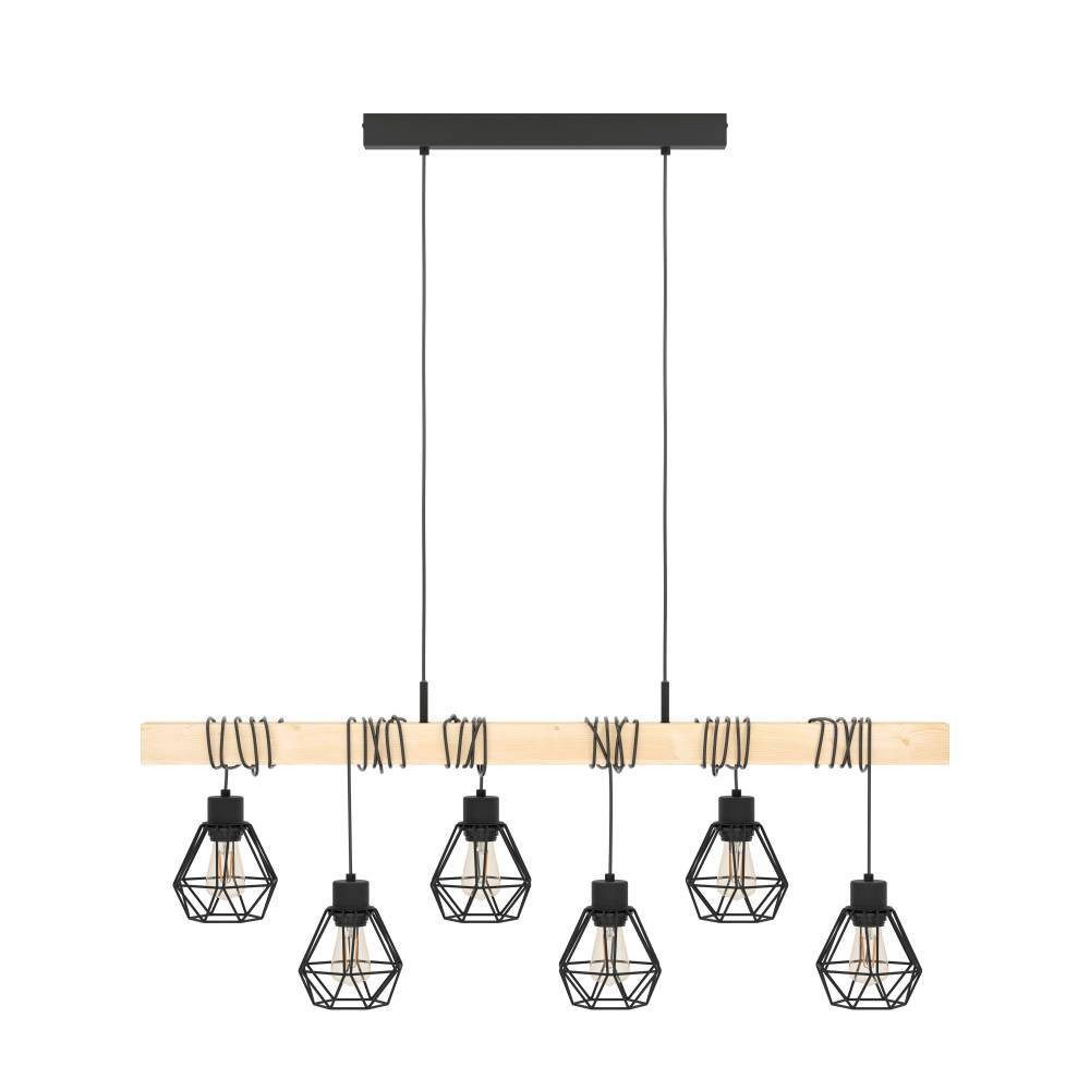 EGLO Hängeleuchte TOWNSHEND 5 Hängelampe, Stahl und Holz, E27, IP20, Pendellampe, Lampe, ohne Leuchtmittel, Pendelleuchte, L100 x B20 x H110 cm, schwarz, braun, 6X60W exkl.