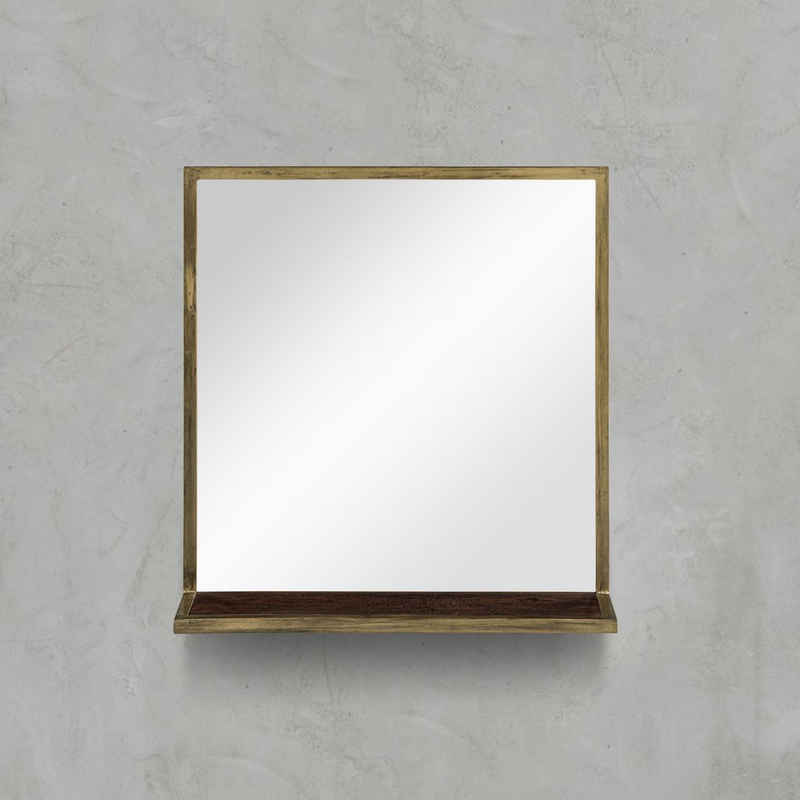 carla&marge Badspiegel Golden Bath (Badezimmerspiegel in Dunkelbraun und Antikgold (62x16x66 cm), Spiegel mit Rahmen aus massivem Mangoholz und Eisenrahmen