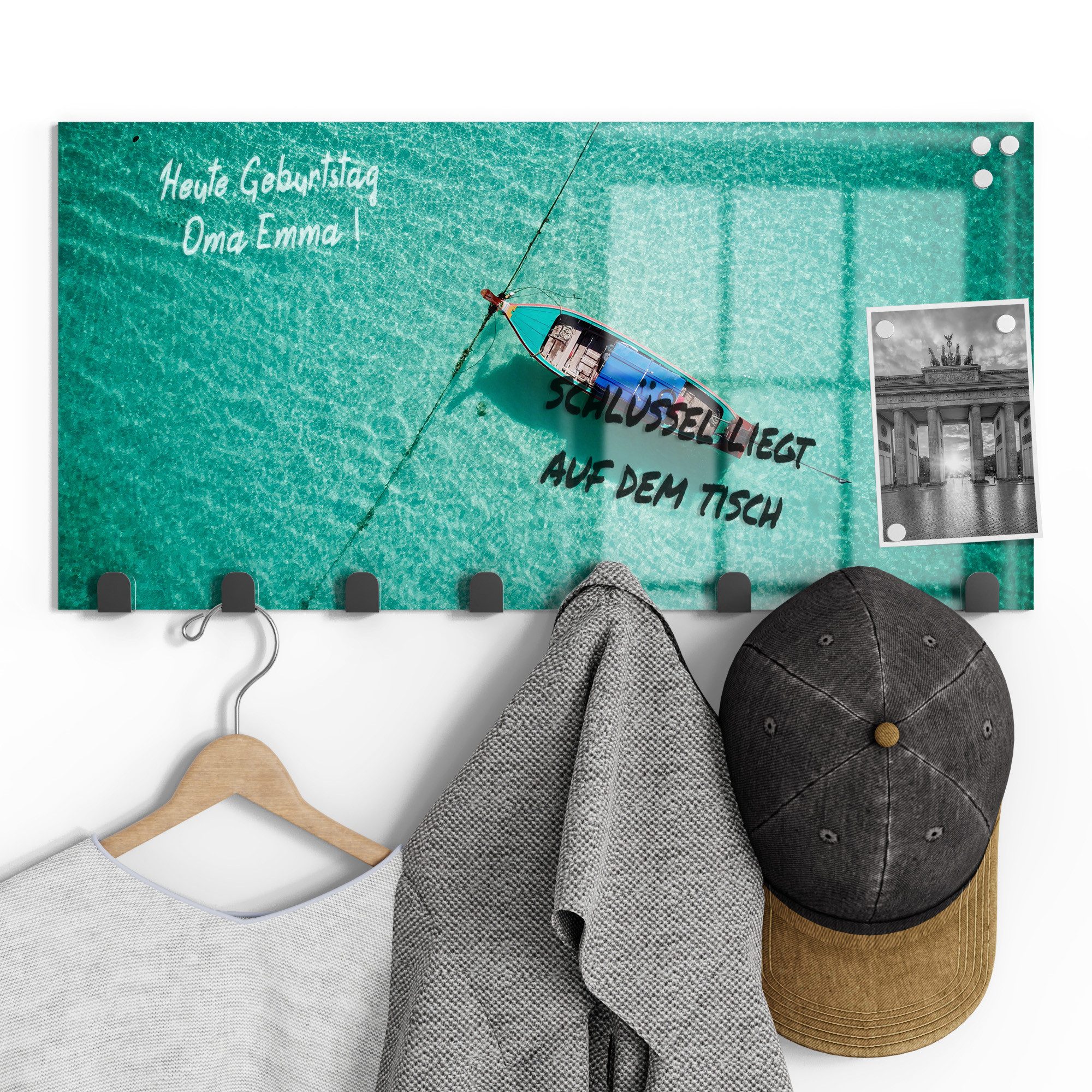 DEQORI Kleiderhaken 'Türkise Stille', Glas Garderobe Paneel magnetisch beschreibbar