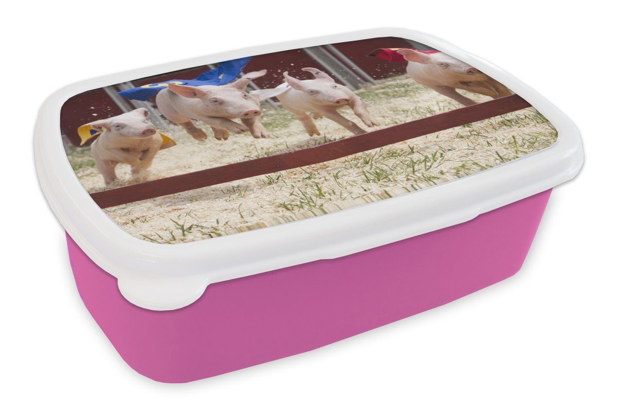 MuchoWow Lunchbox Schwein - Umhang - Gras, Kunststoff, (2-tlg), Brotbox für Erwachsene, Brotdose Kinder, Snackbox, Mädchen, Kunststoff rosa