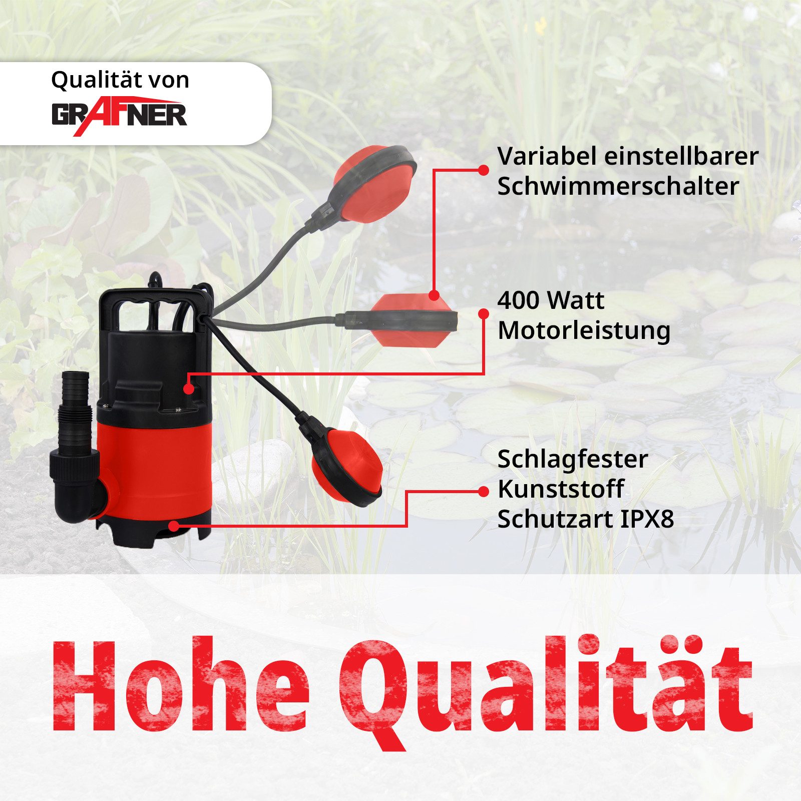 Grafner Schmutzwasserpumpe Schmutzwasserpumpe Tauchpumpe Pumpe 400 Watt 8000 l/h, max. 8000 l/h