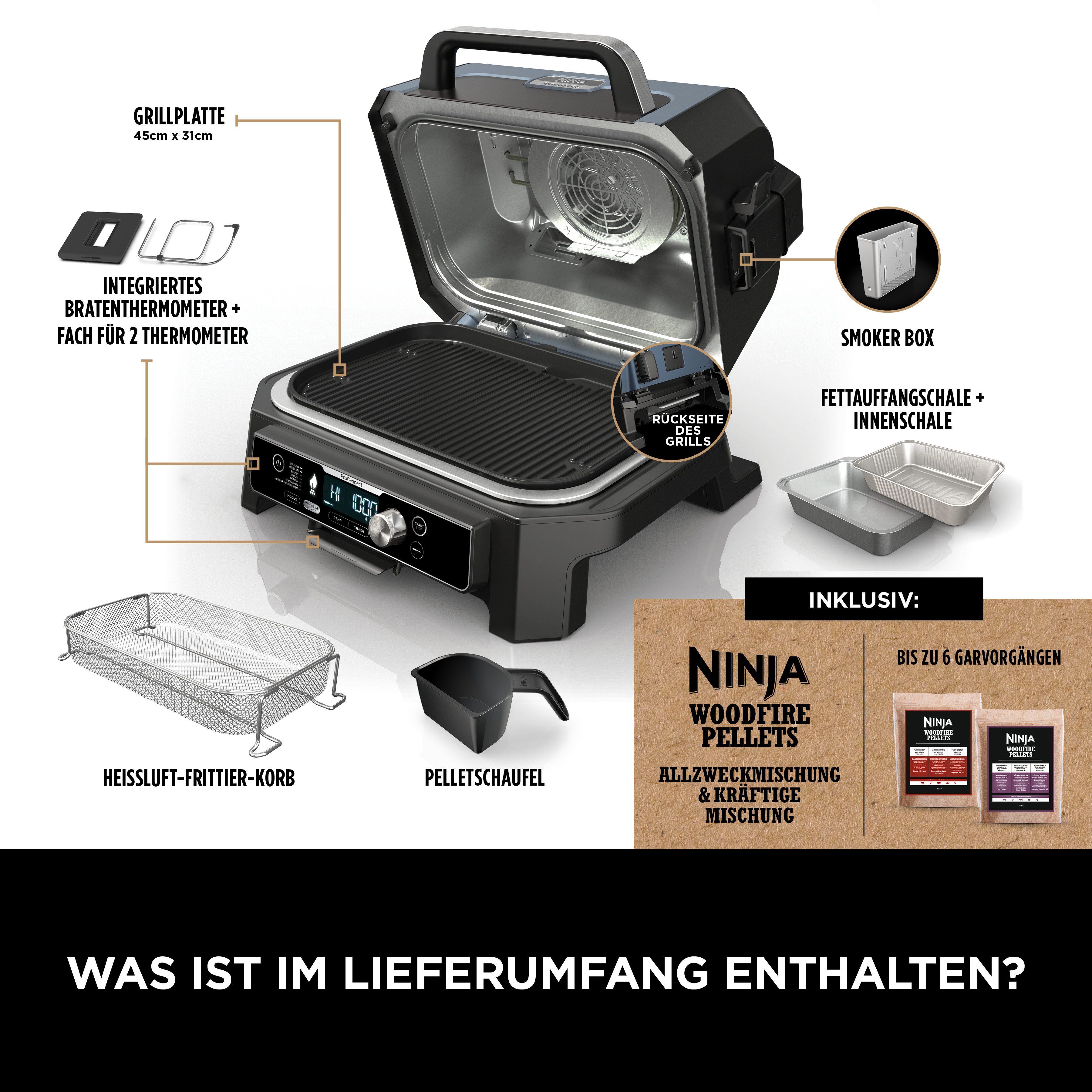 NINJA Tischgrill Woodfire Pro Connect XL OG901EU, 1700 W, Elektrischer Outdoor Grill & Smoker – Bild 4 von 5