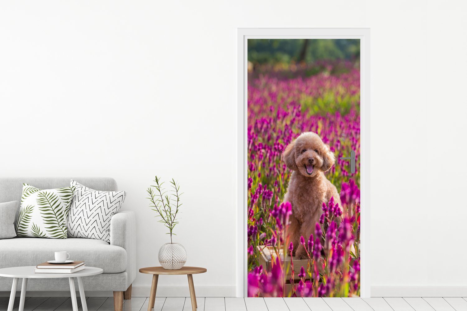 Fototapete 75x205 MuchoWow Türaufkleber, - bedruckt, Matt, (1 Blumen für Hund St), - - Türtapete Tür, Frühling, cm Lavendel