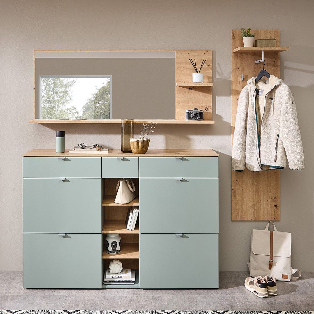 Lomadox Garderoben-Set BLISS-36, (Spar-Set, 3-St., Kommode Garderobenpaneel Spiegel), grün matt Eiche Kommode Garderobenpaneel Spiegel