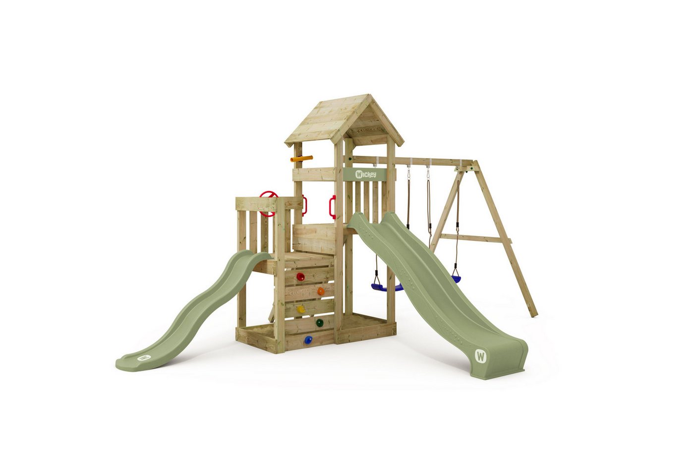 Wickey Klettergerüst SkyFlyer Spielturm mit 2 Podesten, 2 Rutschen & Doppelschaukel, (Wetterfester Massivholz Kletterturm für Outdoor-Abenteuer, Kletteranbau fördert Gleichgewicht, Bewegung & Motorik), Abenteuer für kleine & große Kinder mit 10 Jahren Gar
