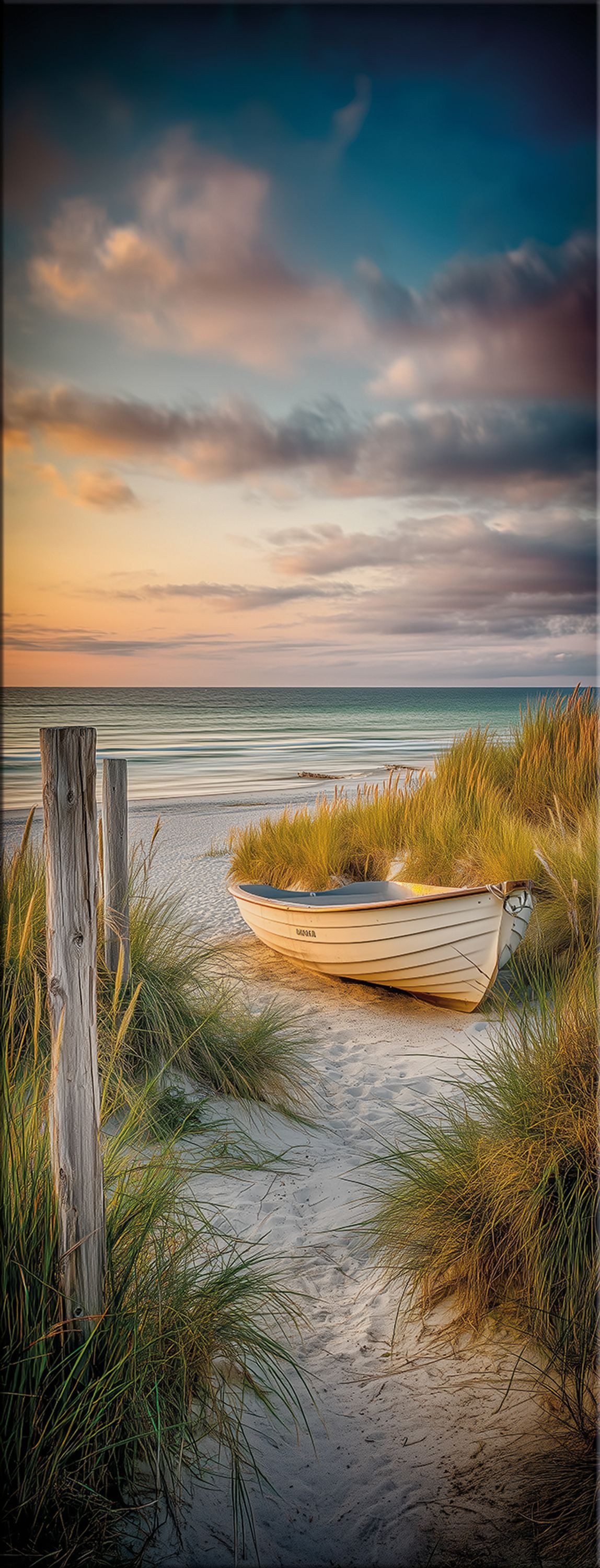 artissimo Glasbild Bild aus Glas 30x80 cm / Wandbild Hochformat / Wanddeko modern, Strand und Meer: Boot im Sonnenuntergang