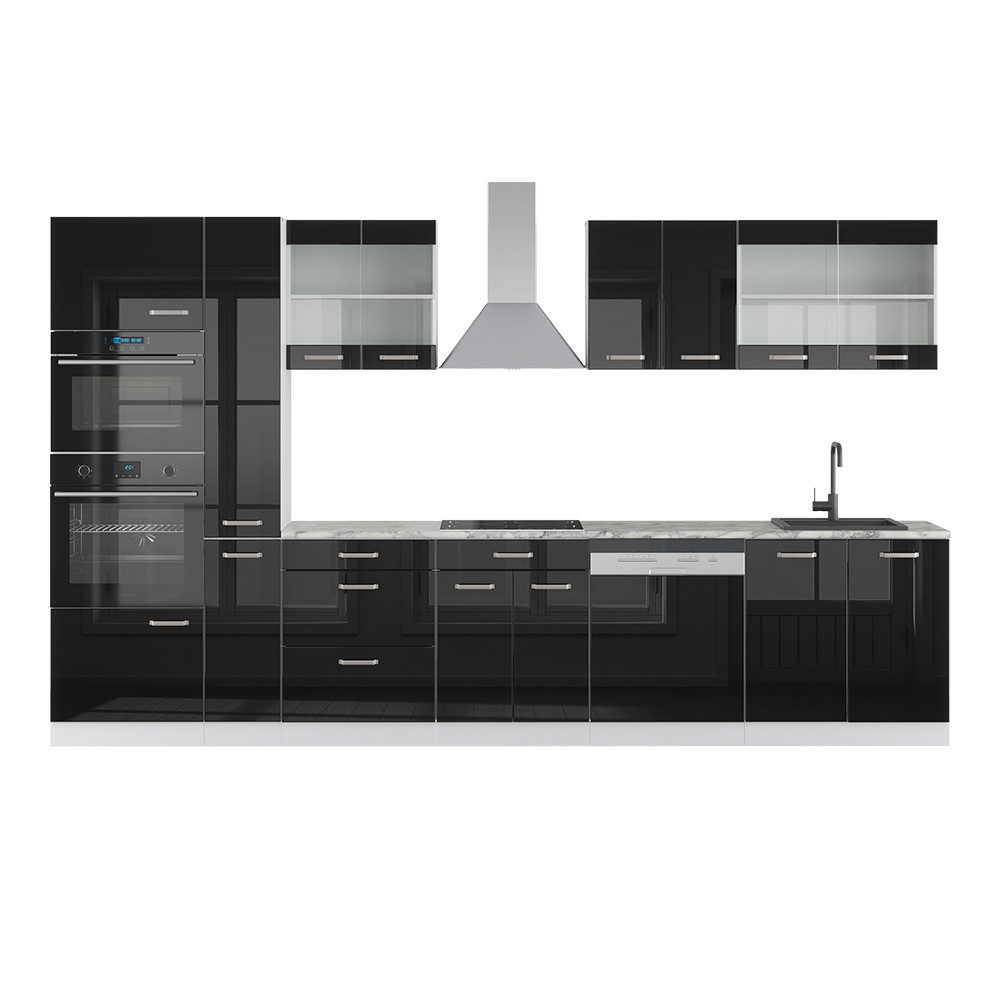 Vicco Küchenzeile R-Line Schwarz Hochglanz/Weiß, 350cm + Hochschrank ohne Arbeitsplatte