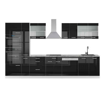 Vicco Küchenzeile R-Line Schwarz Hochglanz/Weiß, 350cm + Hochschrank, mit Arbeitsplatte