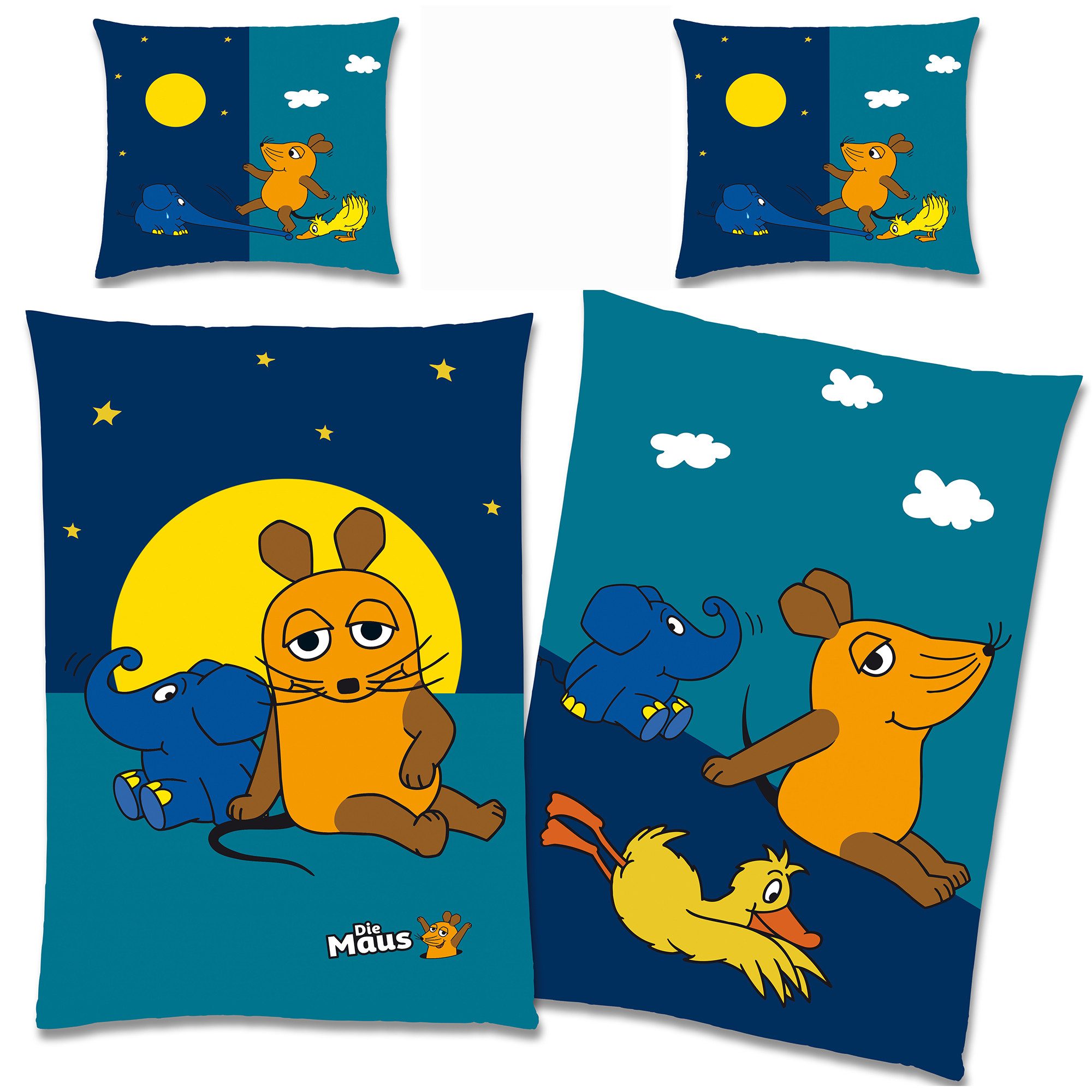 BERONAGE Kinderbettwäsche Die Sendung mit der Maus Bettwäsche Night Biber / Flanell Bettbezug, 100% Baumwolle, 2 teilig, 135x200 + 80x80 cm