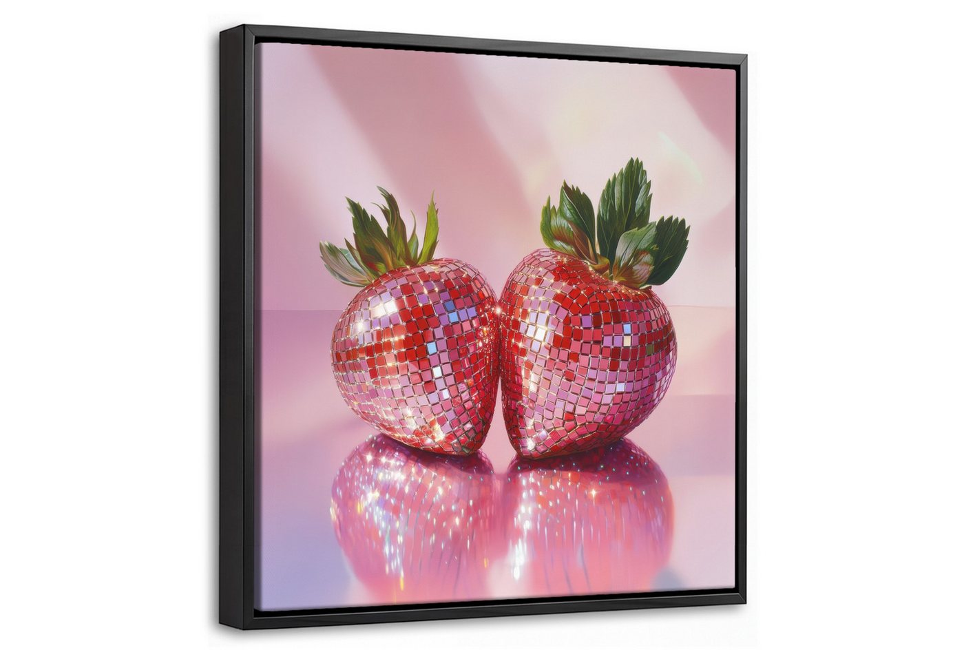 OneMillionCanvasses® Leinwandbild mit Rahmen - Disco - Obst - Glitzer - Erdbeere, Fotodruck (1 St), Leinwand Bilder Klein, Wand Dekoration Aesthetic 20x20cm