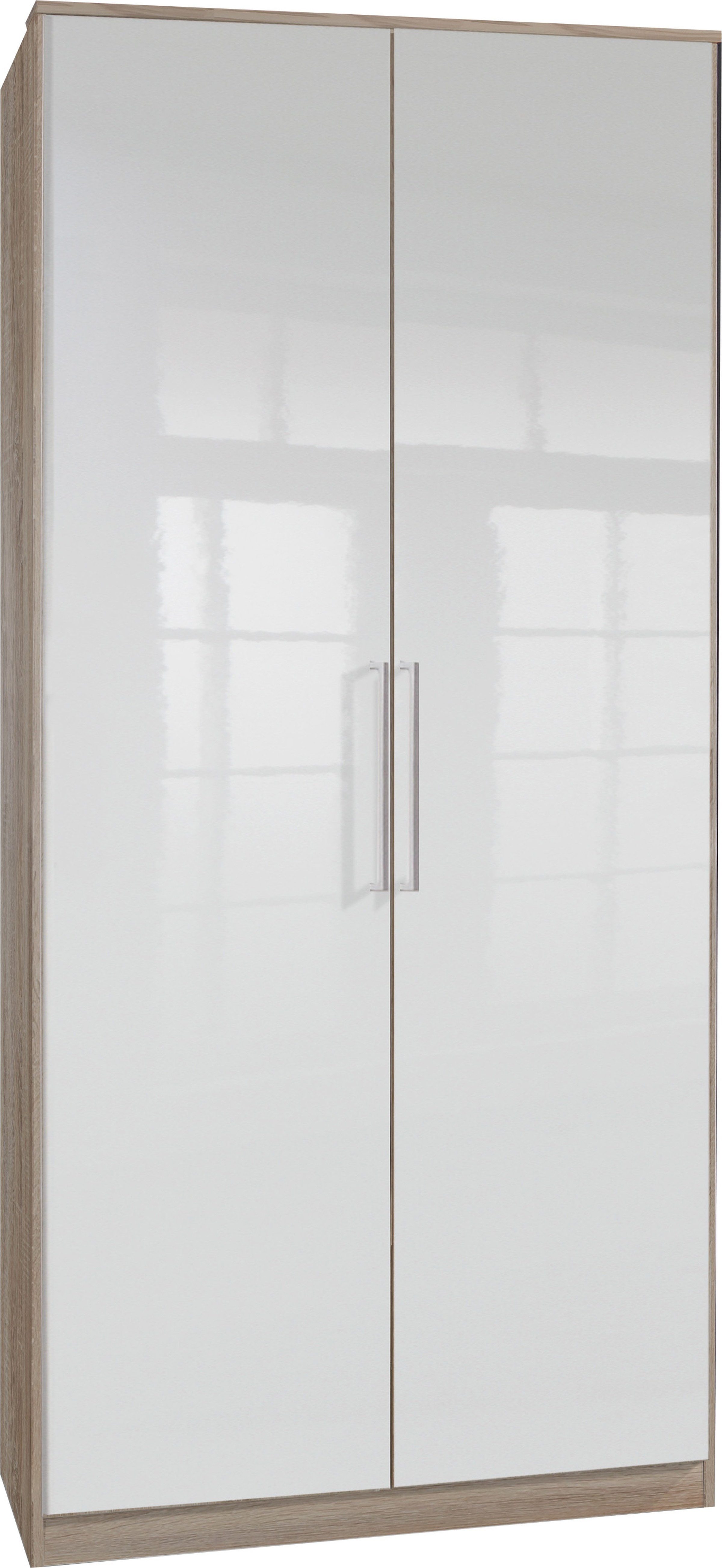 möbel-direkt.de Kleiderschrank Greven in Weiß Hochglanz Lack mit Eiche Sägerau (komplett, 1-St., Drehtürenschrank, Eckkleiderschrank) Made in Germany, Hochglanz-Lack-Front