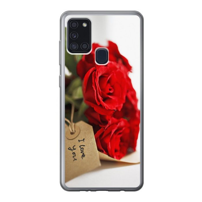 MuchoWow Handyhülle Rote Rosen auf weißem Hintergrund zum Valentinstag Handyhülle Samsung Galaxy A21s Smartphone-Bumper Print Handy