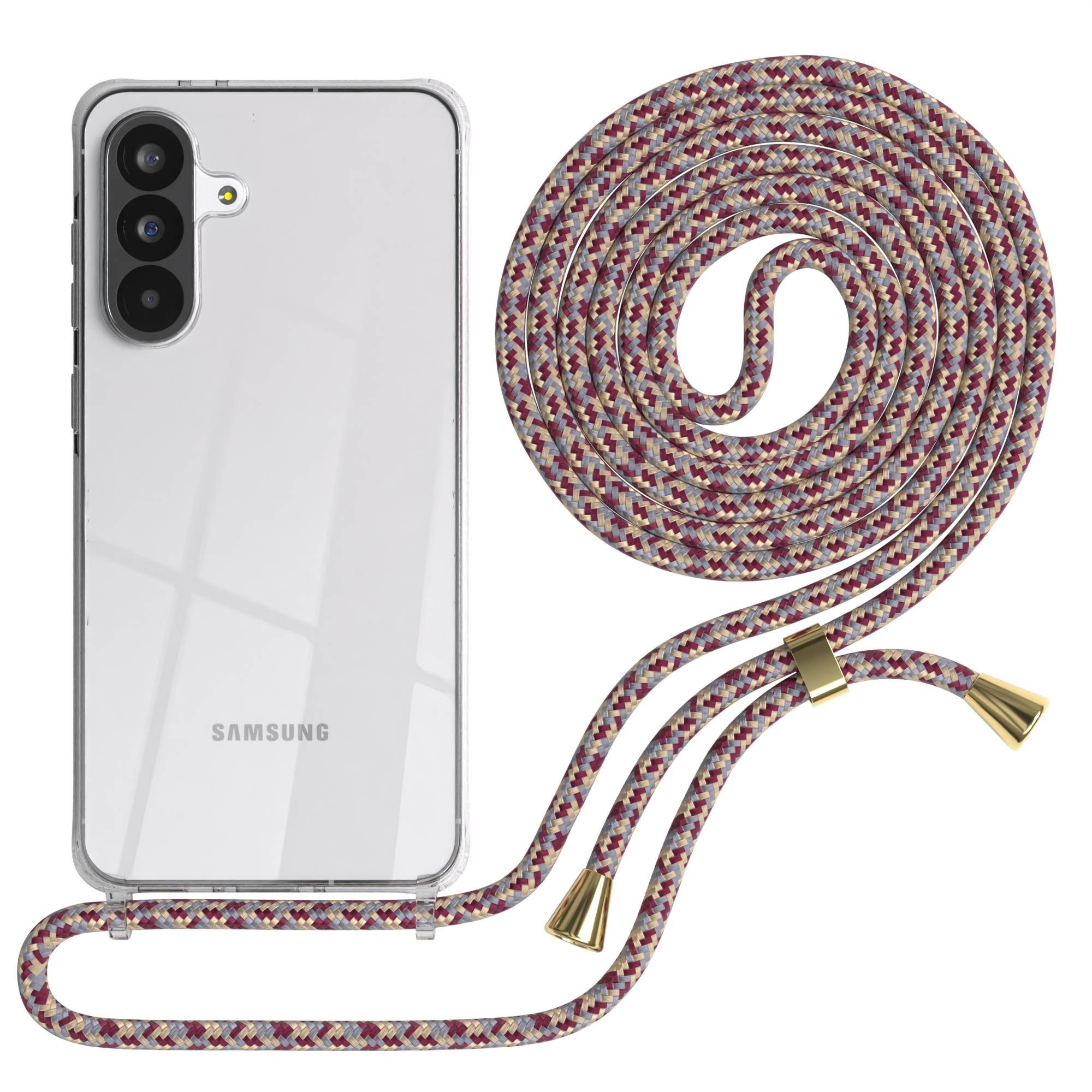 EAZY CASE Handykette Hülle mit Kette für Samsung Galaxy A56 6,7 Zoll, Hülle mit Umhängeband Bumper Case Hülle mit Band Rot Beige Camouflage