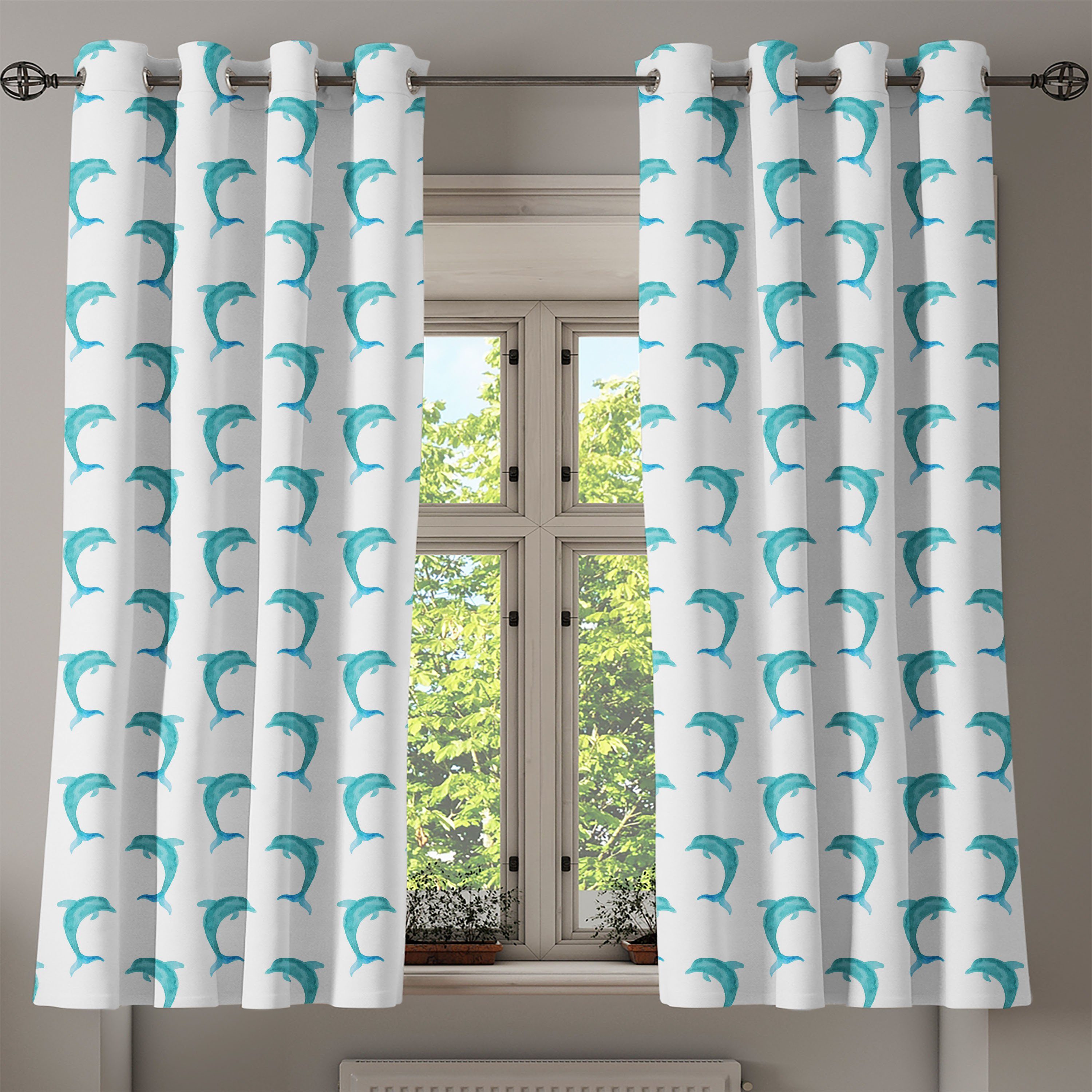Dolphin 2-Panel-Fenstervorhänge Dekorative Jumping Gardine für Schlafzimmer Wohnzimmer, Wasser Säugetiere Abakuhaus,
