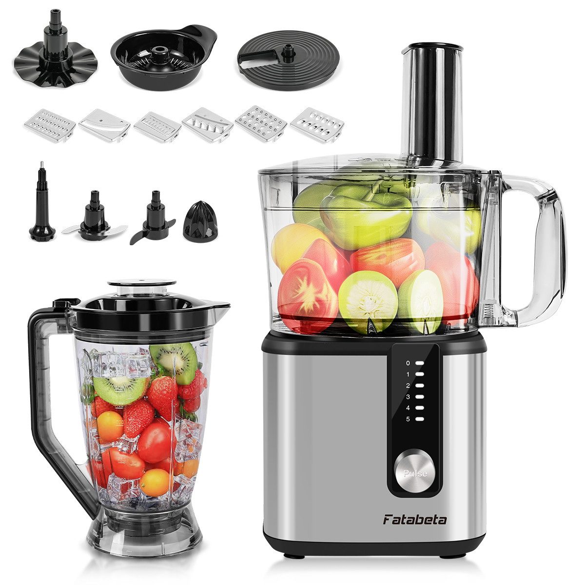 7MAGIC Küchenmaschine 9 in 1 Multifunktional Food Processor, Kompakt Küchenmaschine, 750 W, 1.2 l Schüssel, inkl. Zerkleinerer, 1,8L mixerbecher und weiteres Schneidzubehör
