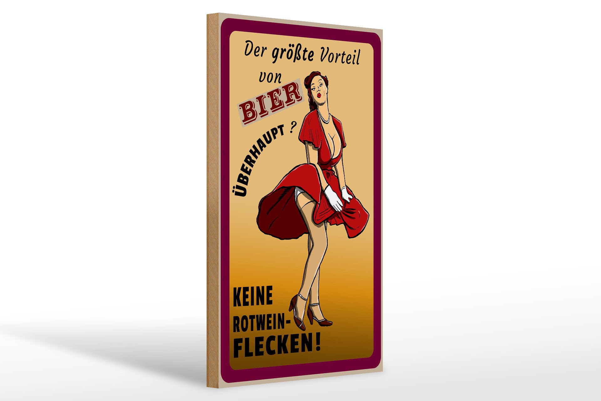 Holzbild Pinup 20x30cm Vorteil Bier keine Rotweinflecken