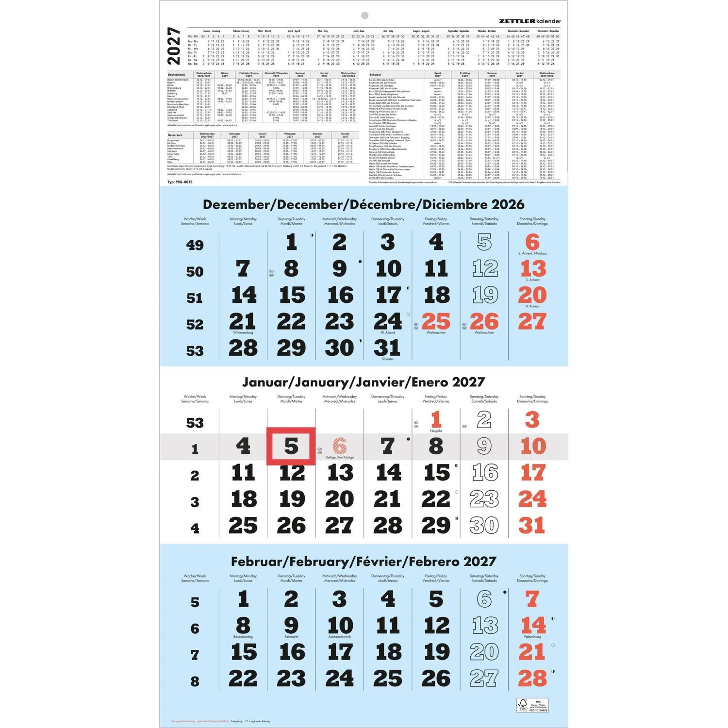 Wandkalender 3-Monatskalender blau 2027
