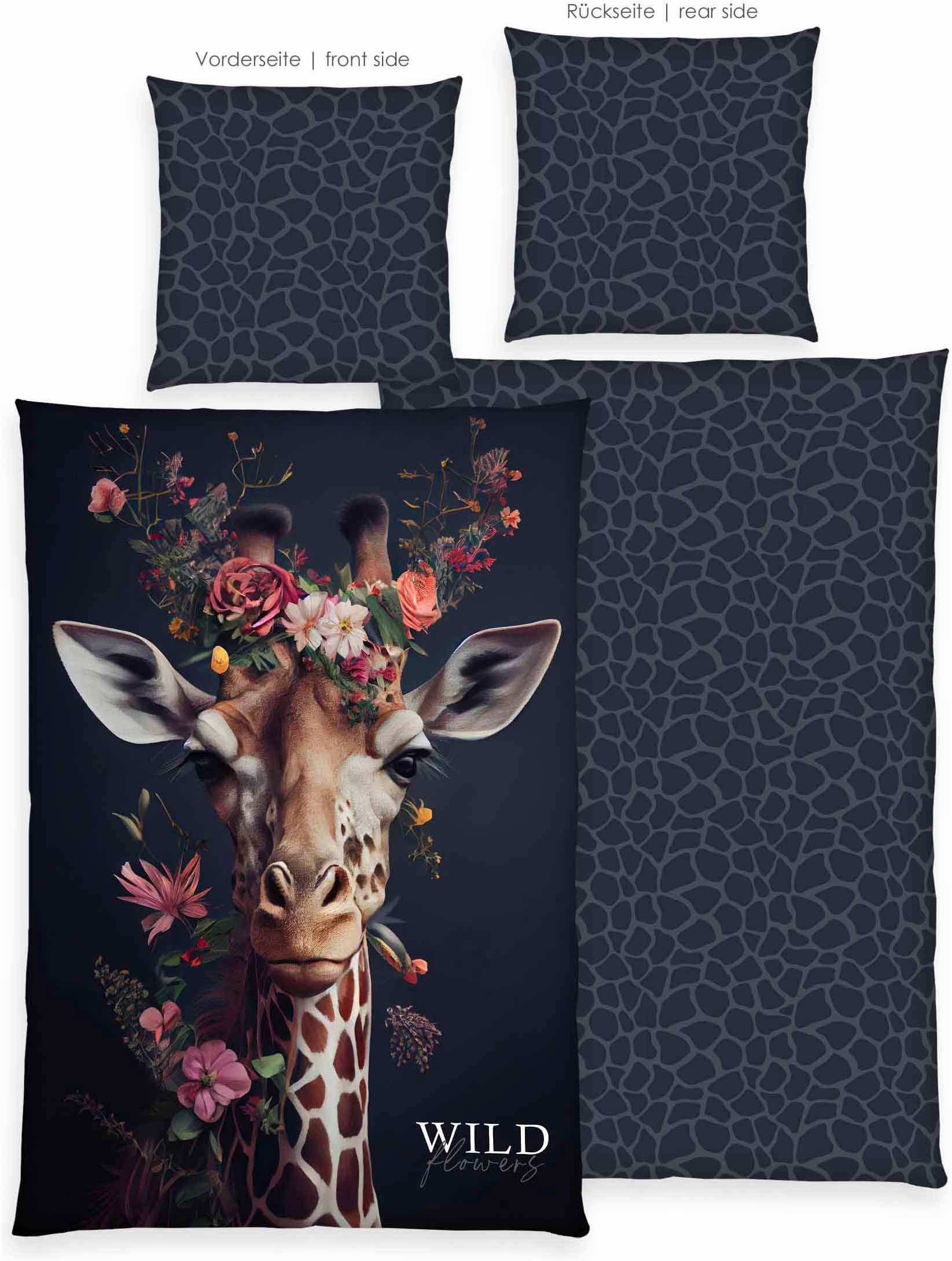 Herding Wendebettwäsche Wild Flowers Giraffe, Renforcé, 2 teilig, Mit praktischem Reißverschluss