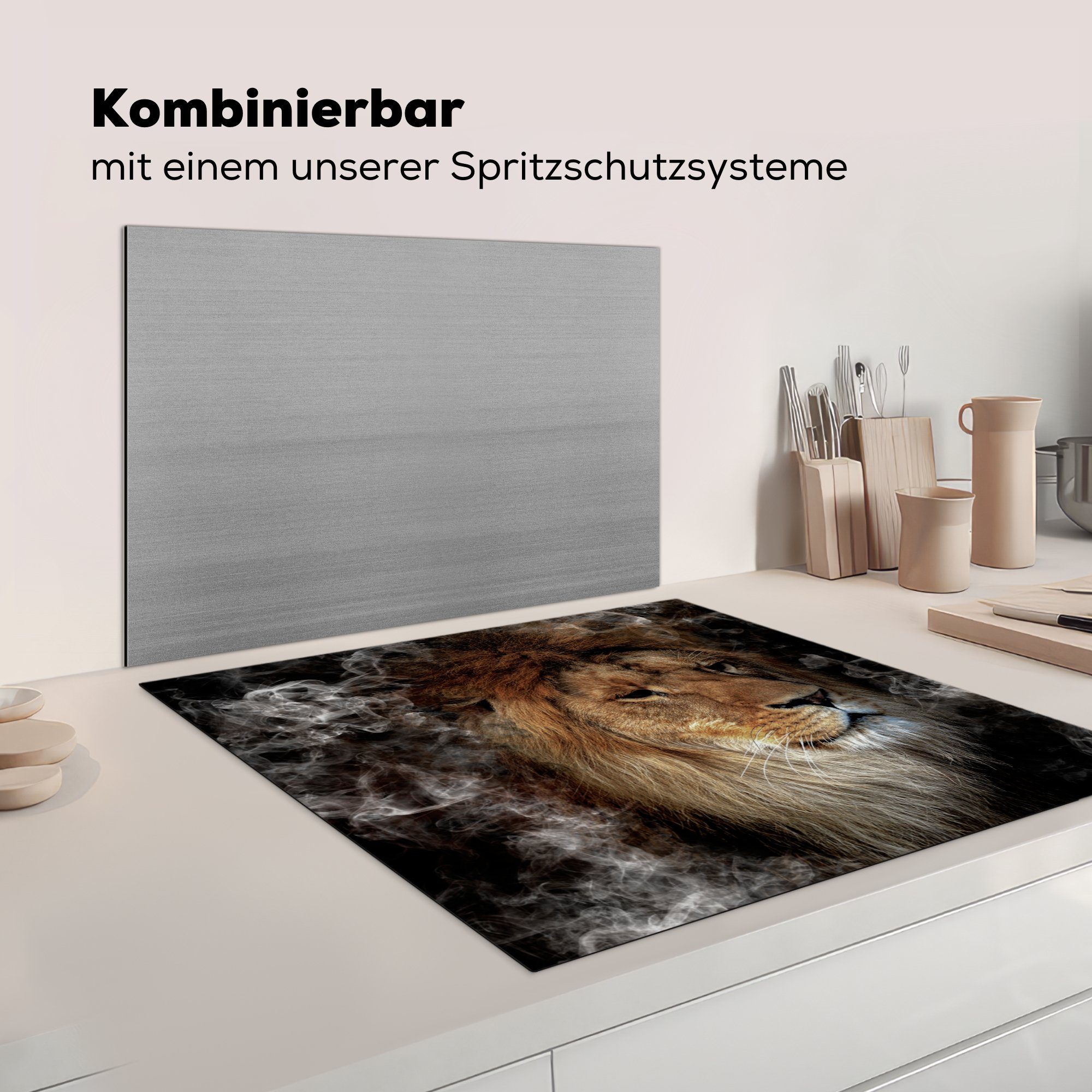 (1 Rauch Arbeitsplatte Vinyl, cm, tlg), Herdblende-/Abdeckplatte für - - MuchoWow küche 78x78 Löwe Tiere, Ceranfeldabdeckung,