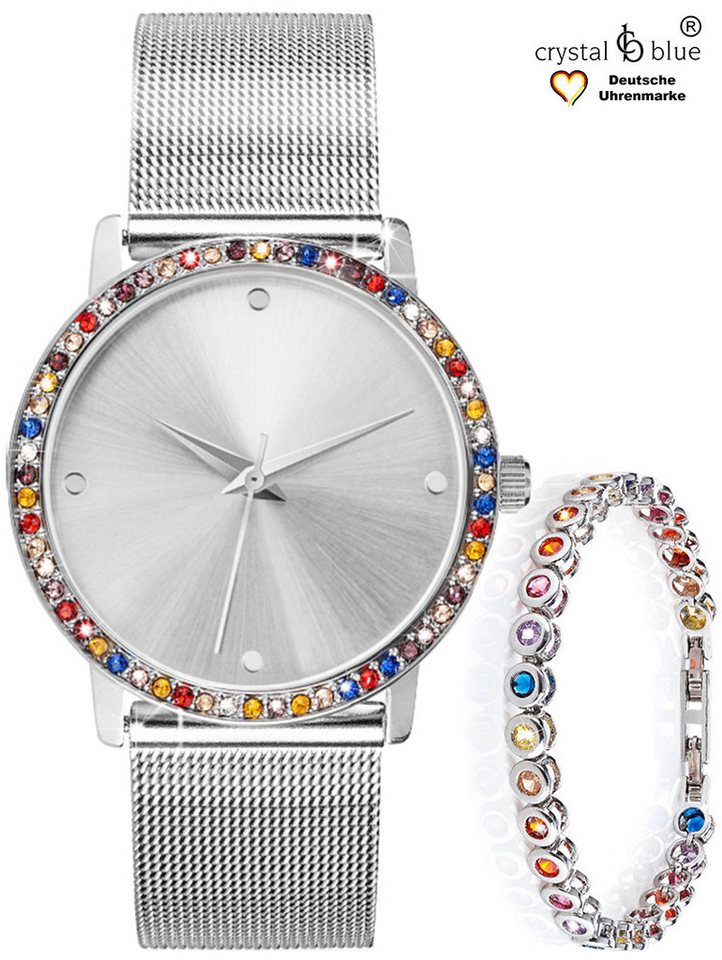 crystal blue Quarzuhr Damenuhr Mesh & Tennisarmband silber mit cubic Zirkonia Kristallen, kostenlose Lieferung