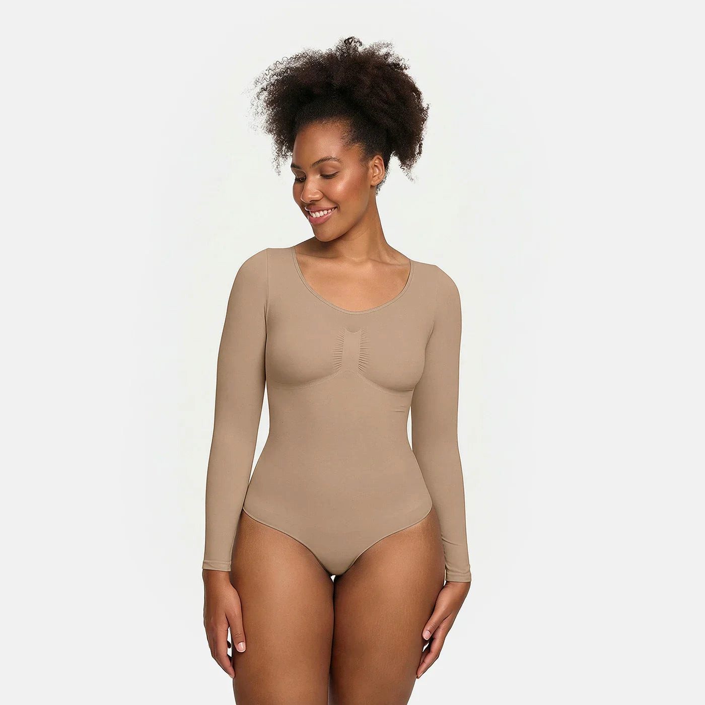 Shaping-Body Bodysuit Sculpting Shapewear Longsleeve mit String-Beige-4XL