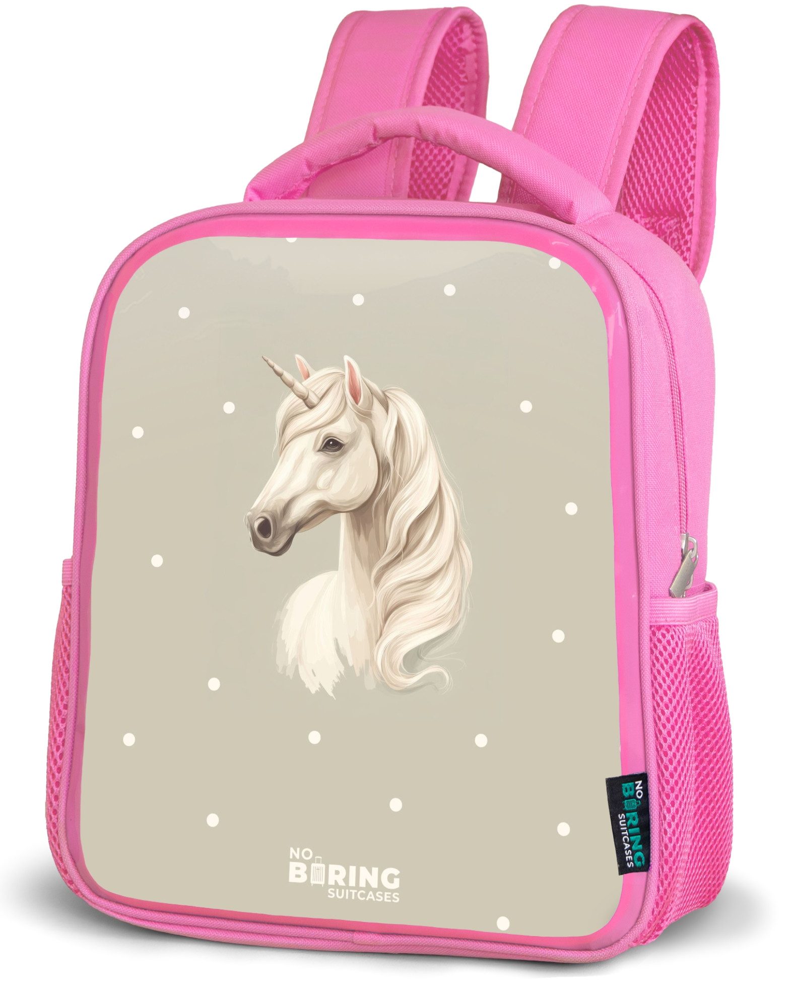 NoBoringSuitcases.com© Rucksack Einhorn umgeben von Polka Dots in neutralen Farben, Kinderrucksack, Schulrucksack, Freizeitrucksack, Mädchen, Kindergarten