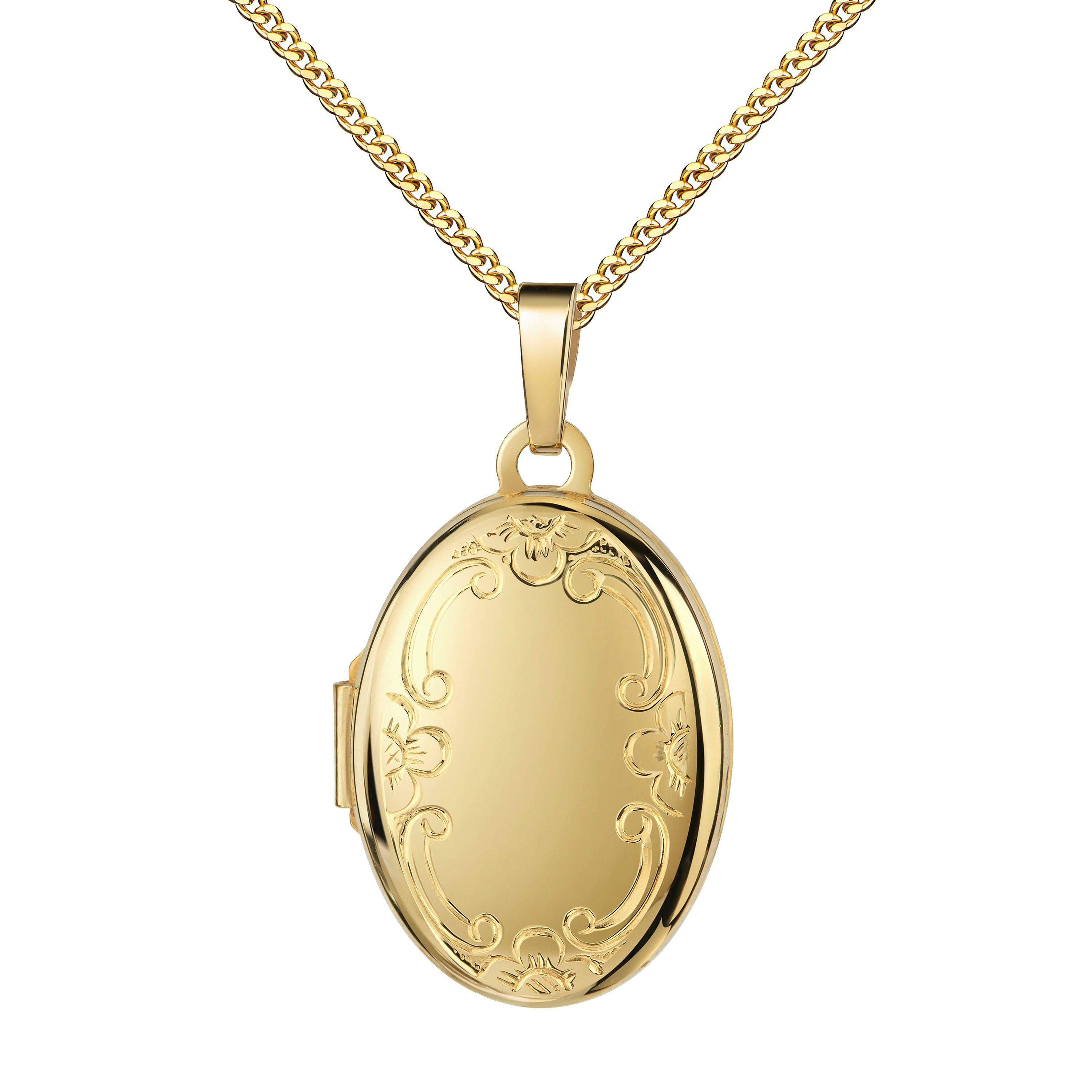 JEVELION Kettenanhänger Medaillon Gold 585 aufklappbar oval Ornament-Verzierung Anhänger (Gold Amulett, für Damen und Mädchen), Mit Kette vergoldet - Länge wählbar 36 - 70 cm oder ohne Kette.